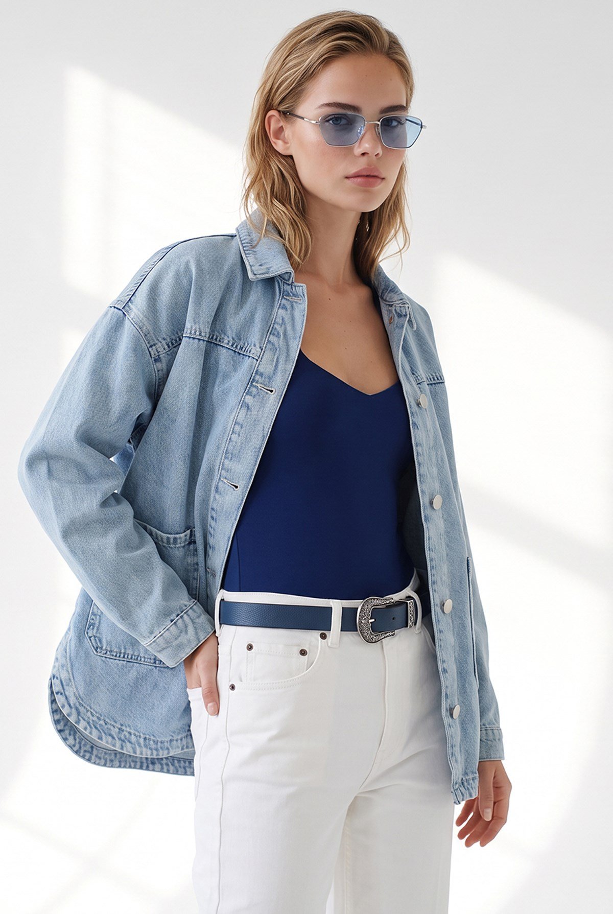 Cepli Düğmeli Denim Ceket Mavi