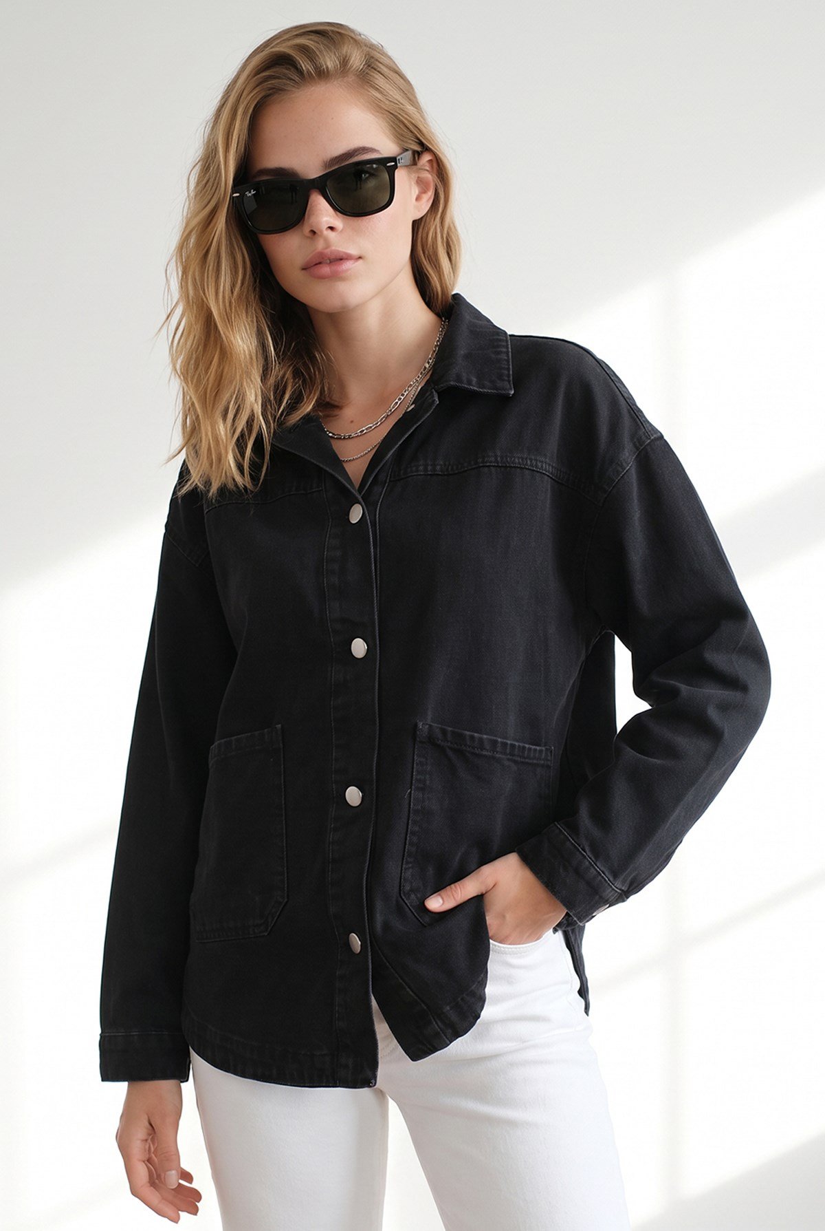Cepli Düğmeli Denim Ceket Siyah