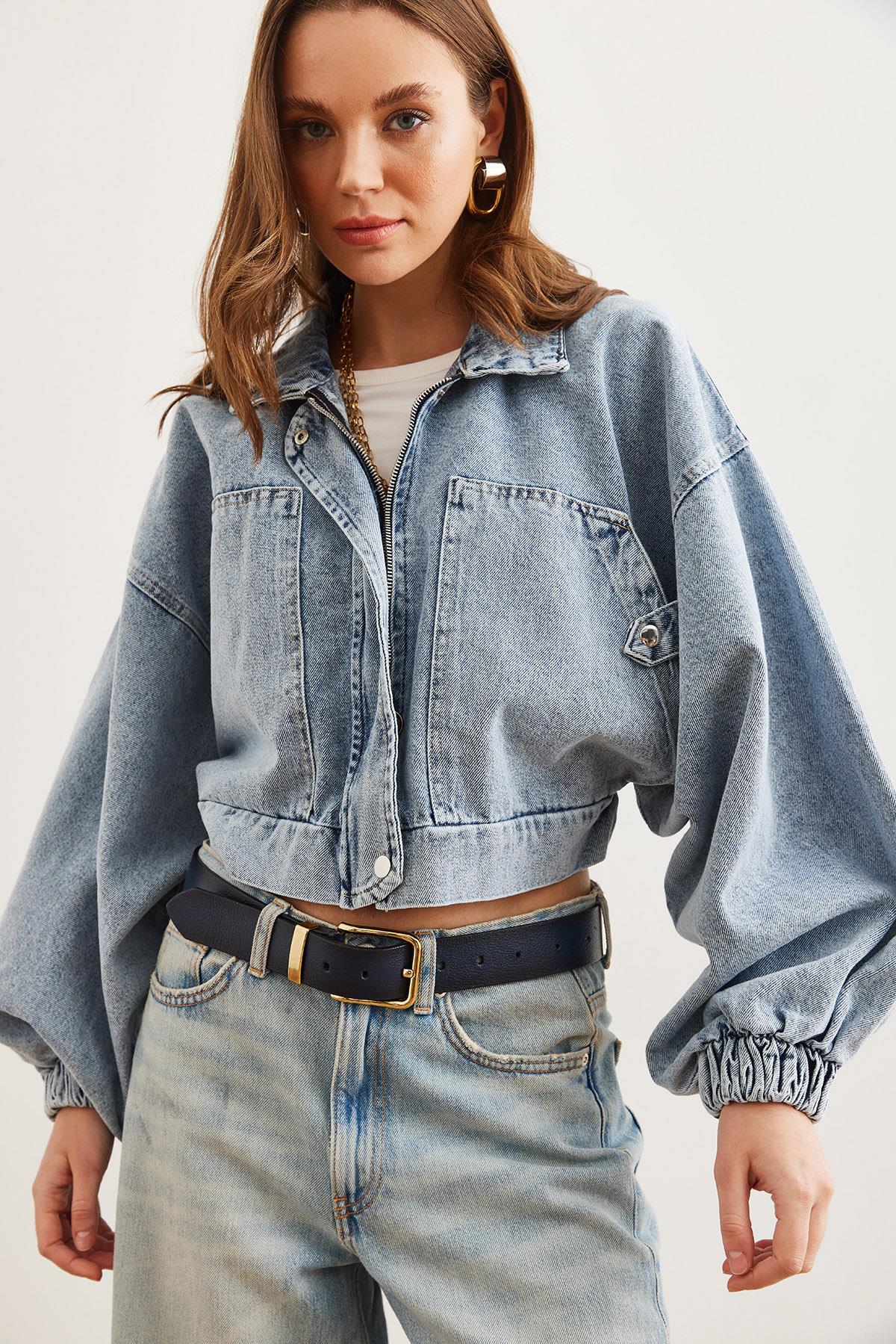 Cepli Fermuarlı Balon Kol Denim Crop Ceket Mavi