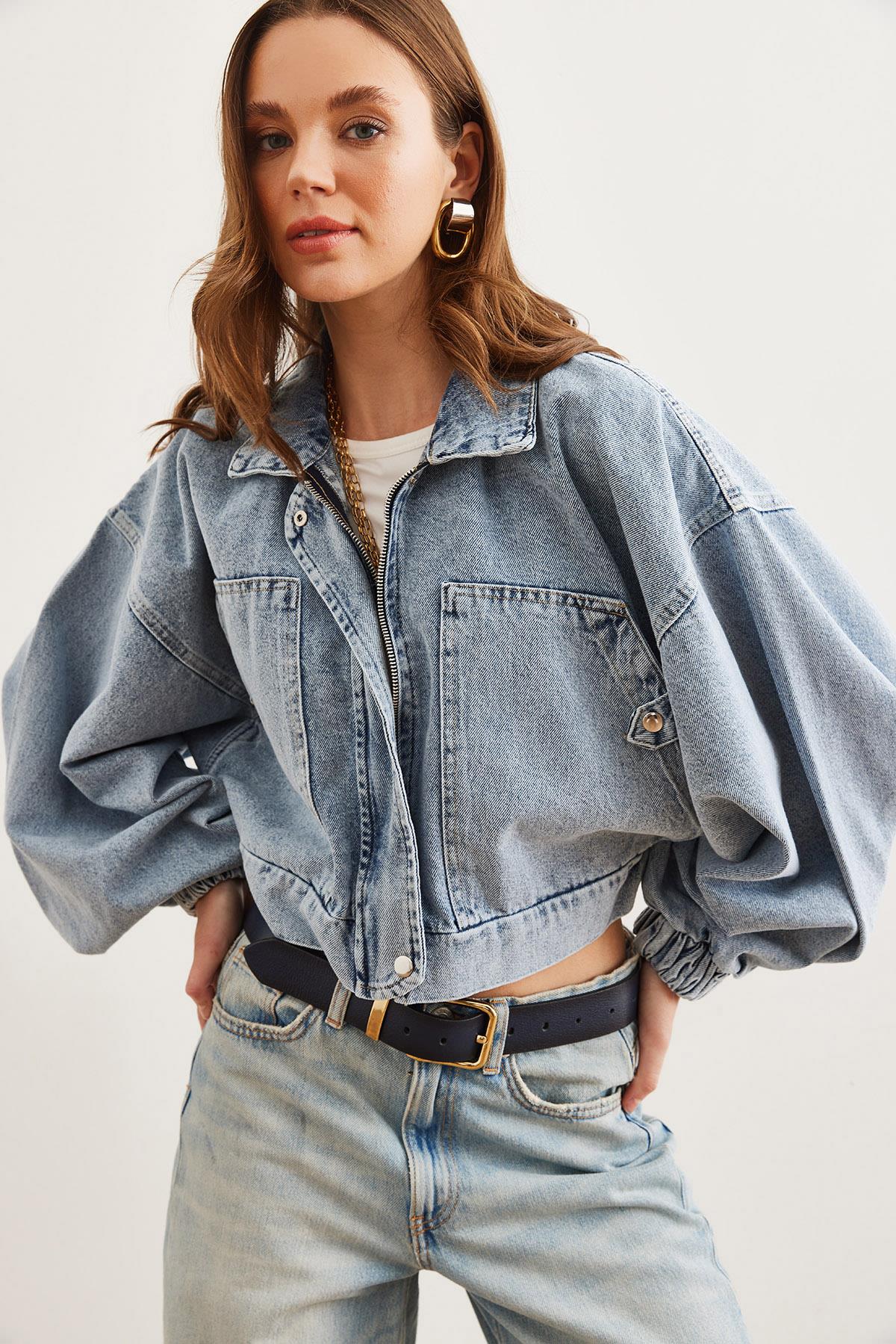 Cepli Fermuarlı Balon Kol Denim Crop Ceket Mavi