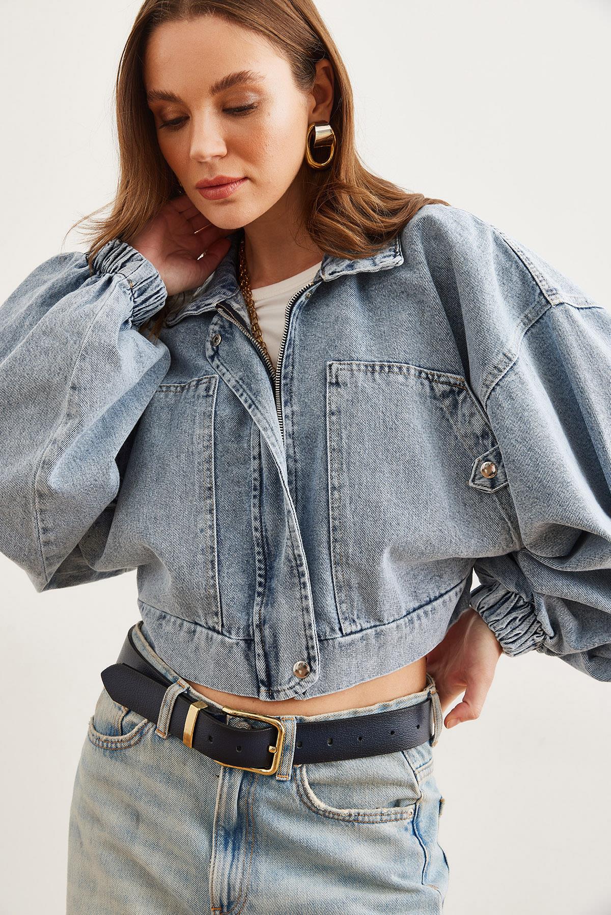 Cepli Fermuarlı Balon Kol Denim Crop Ceket Mavi