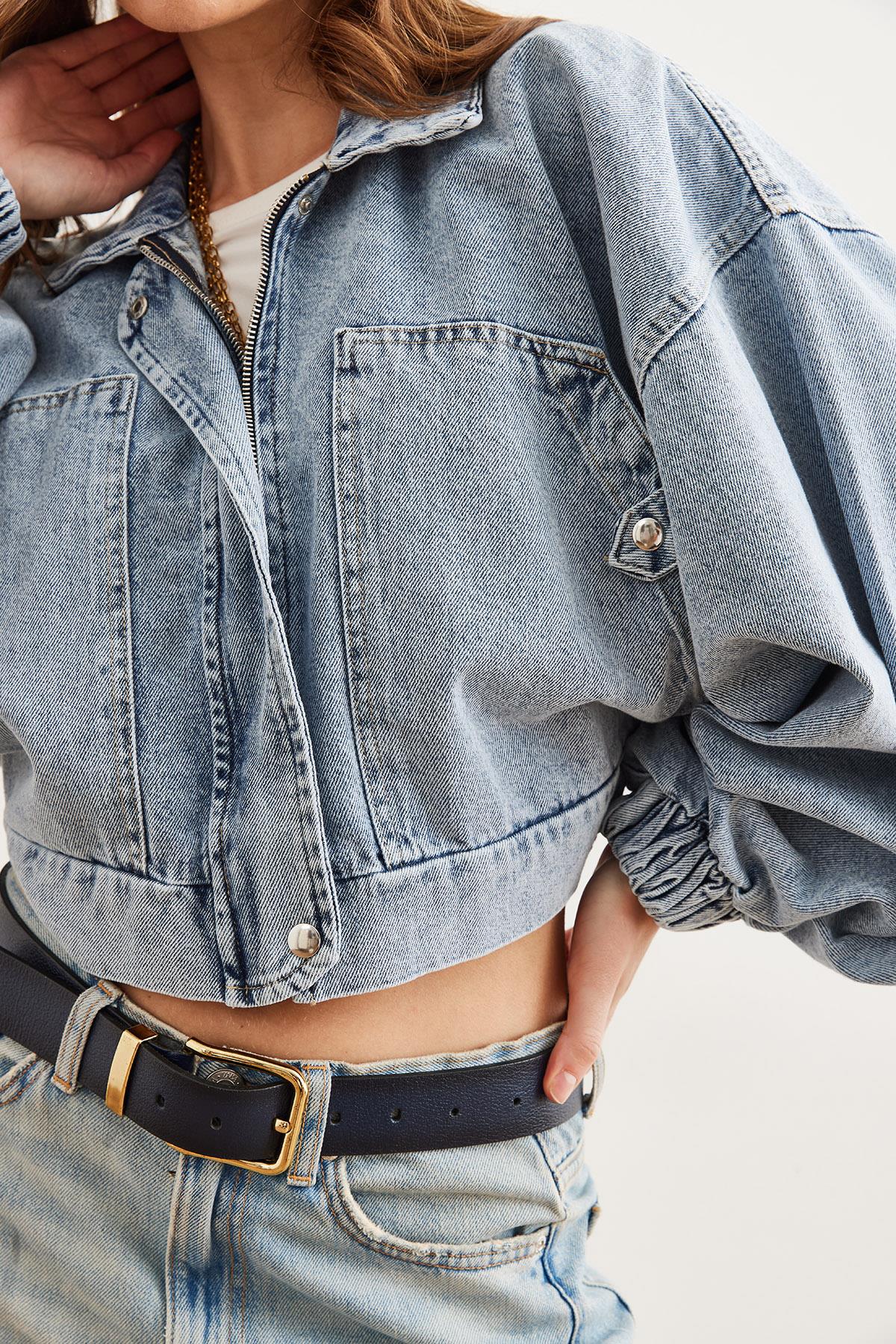 Cepli Fermuarlı Balon Kol Denim Crop Ceket Mavi