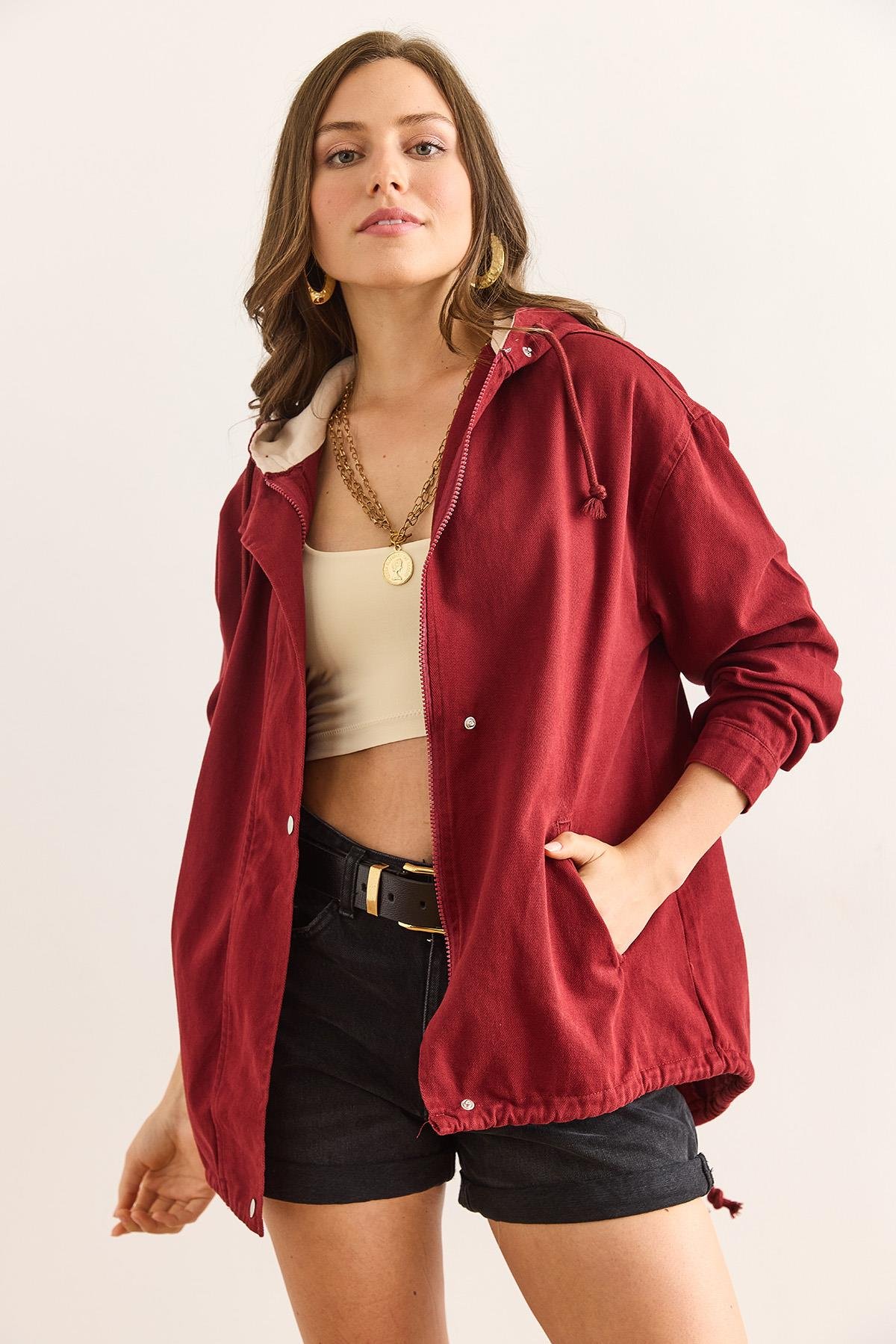 Cepli Fermuarlı Çıtçıt Detaylı Gabardin Ceket Bordo Taş