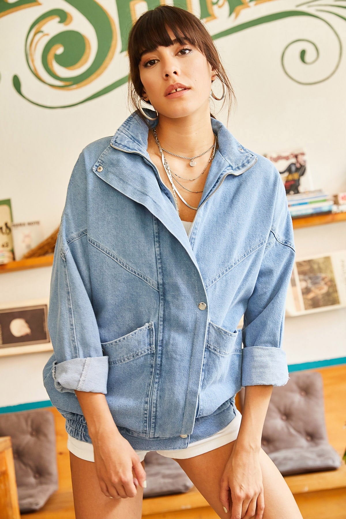 Cepli Fermuarlı Çıtçıtlı Uzun Denim Ceket Mavi