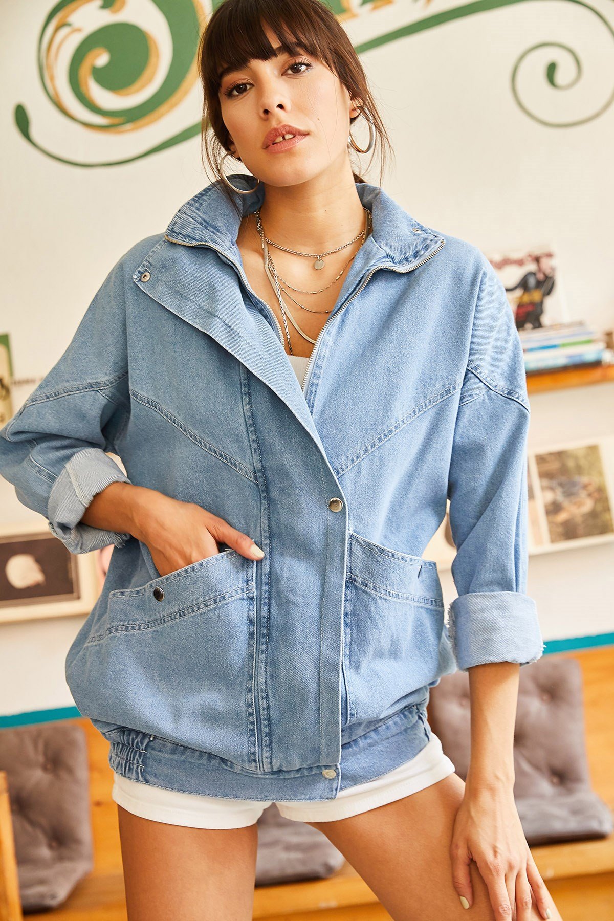 Cepli Fermuarlı Çıtçıtlı Uzun Denim Ceket Mavi