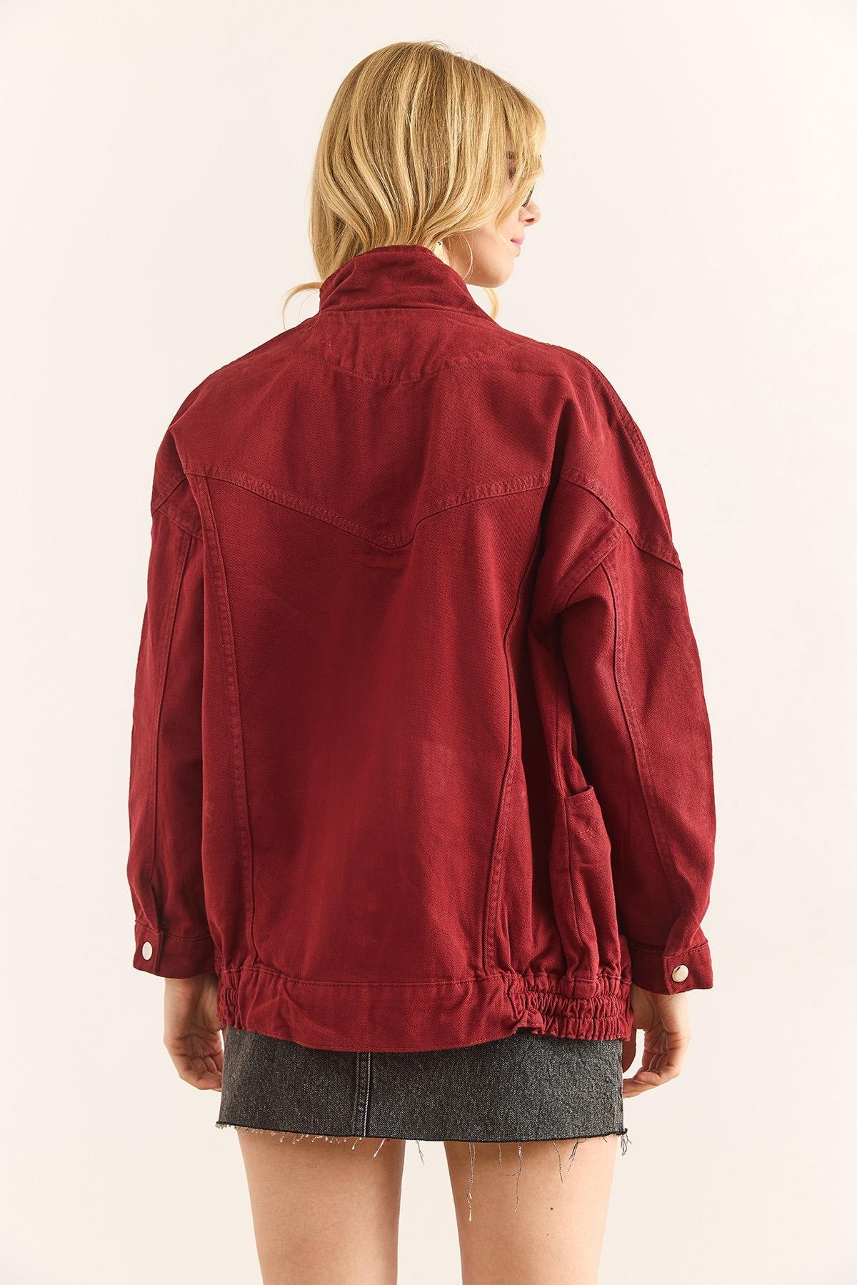 Cepli Fermuarlı Çıtçıtlı Uzun Denim Ceket Bordo