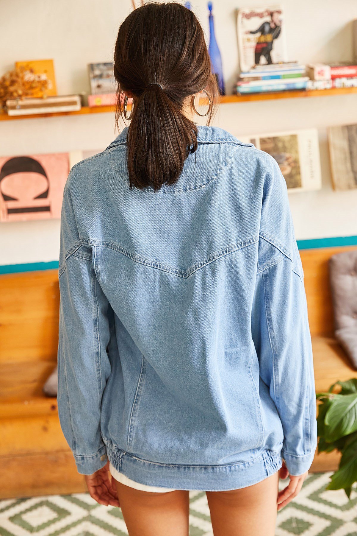 Cepli Fermuarlı Çıtçıtlı Uzun Denim Ceket Mavi
