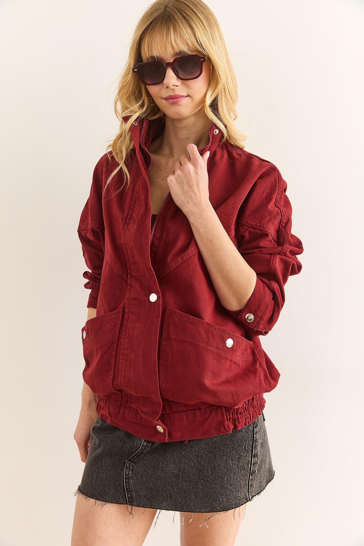 Cepli Fermuarlı Çıtçıtlı Uzun Denim Ceket Bordo