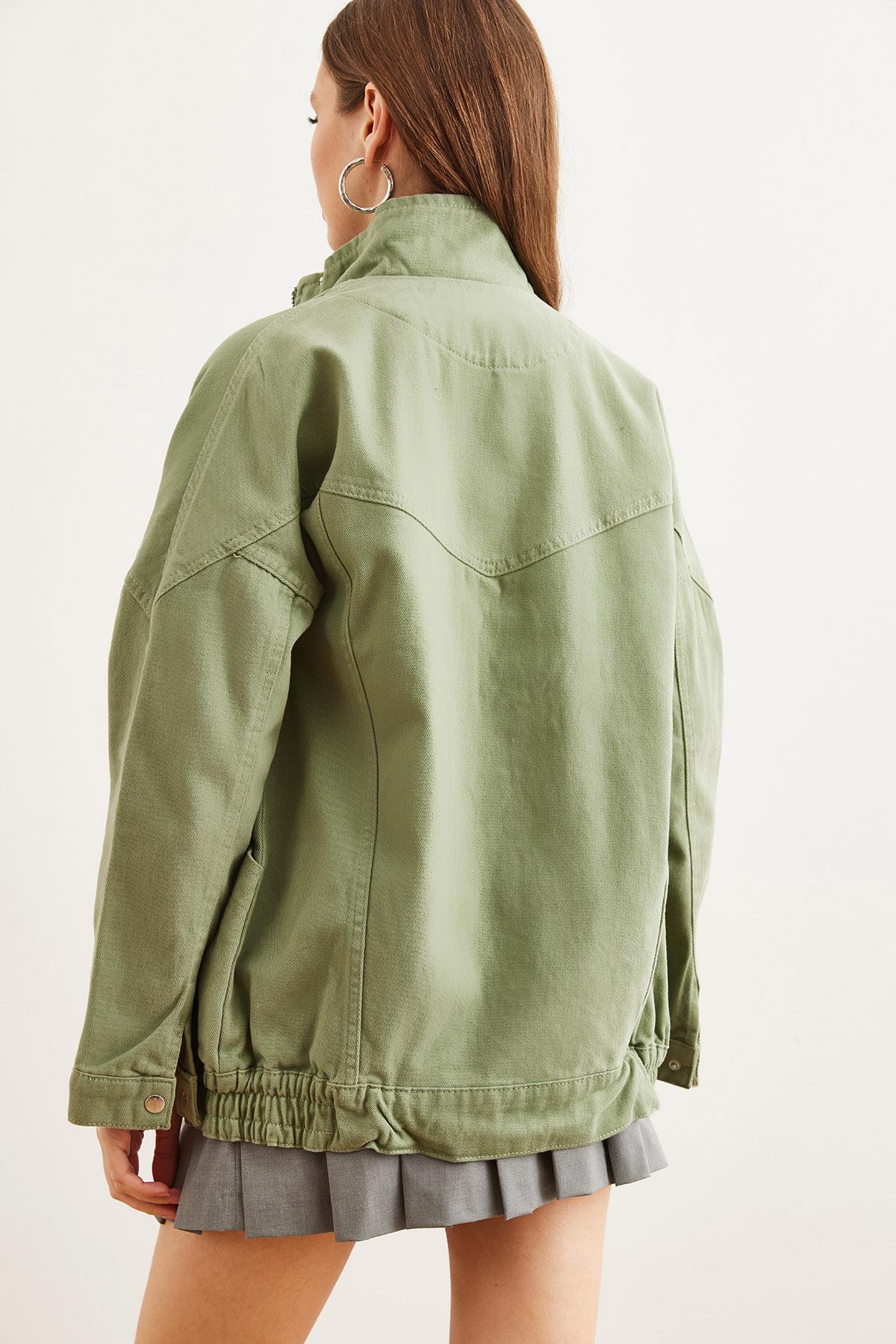 Cepli Fermuarlı Çıtçıtlı Uzun Denim Ceket Haki