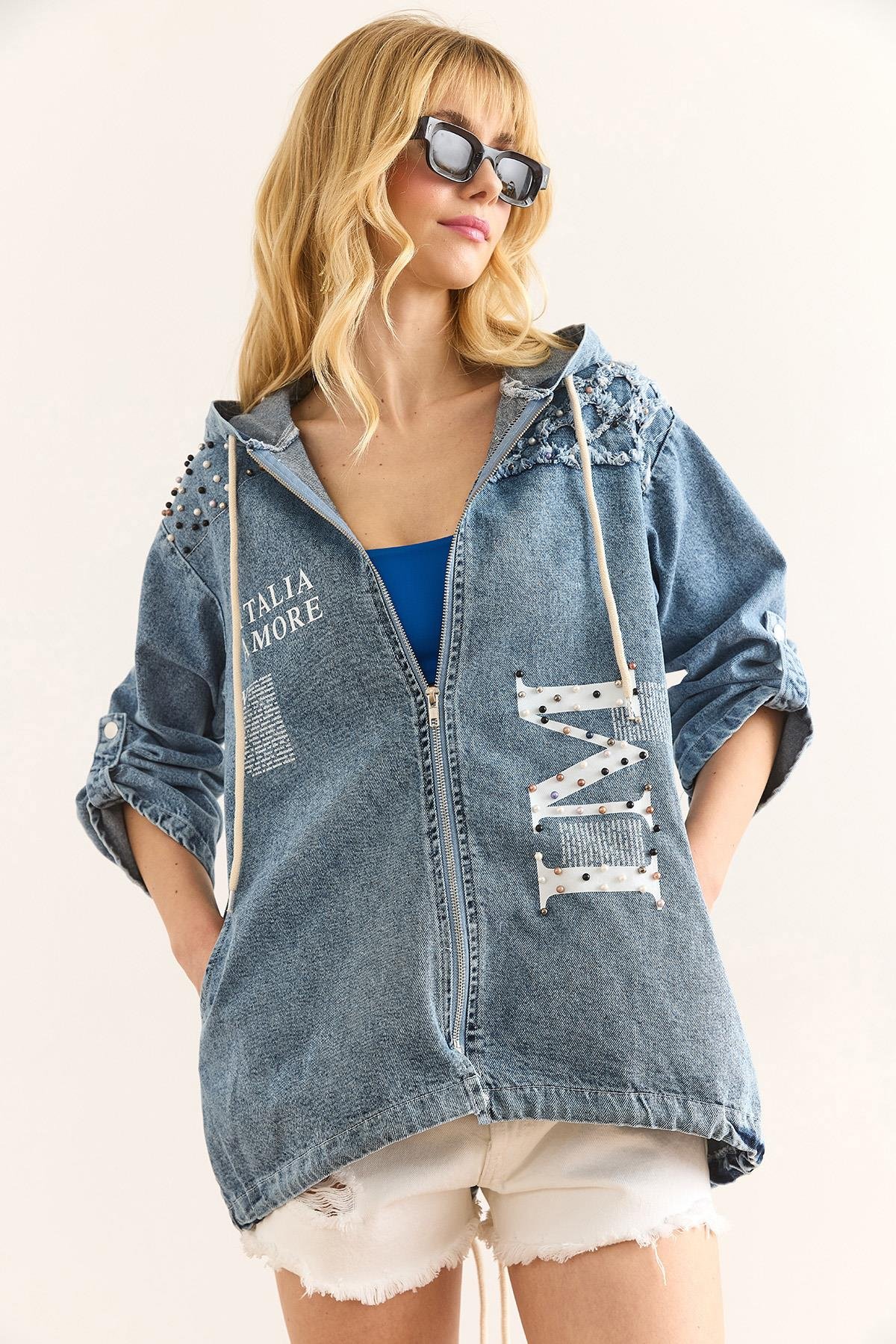 Cepli Kapüşonlu Garnili Oversize Denim Ceket Açık Mavi
