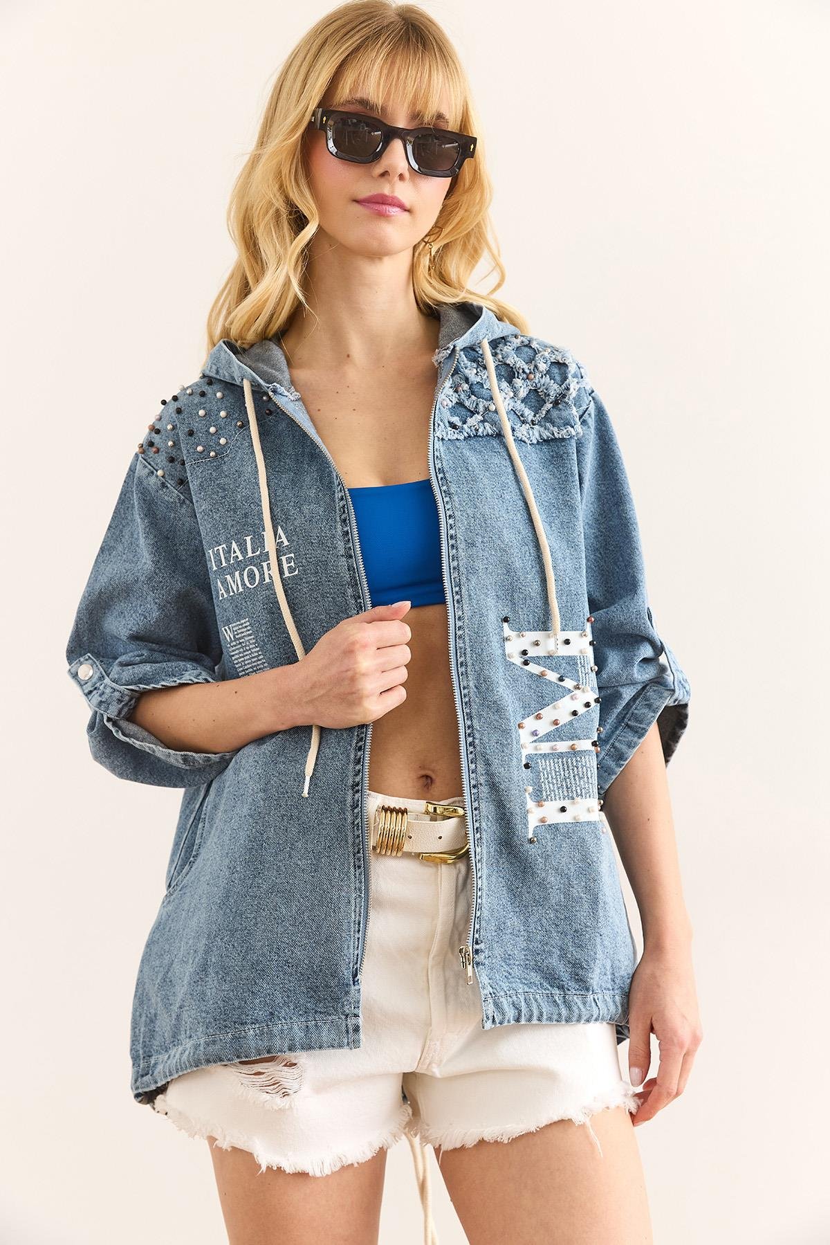 Cepli Kapüşonlu Garnili Oversize Denim Ceket Açık Mavi
