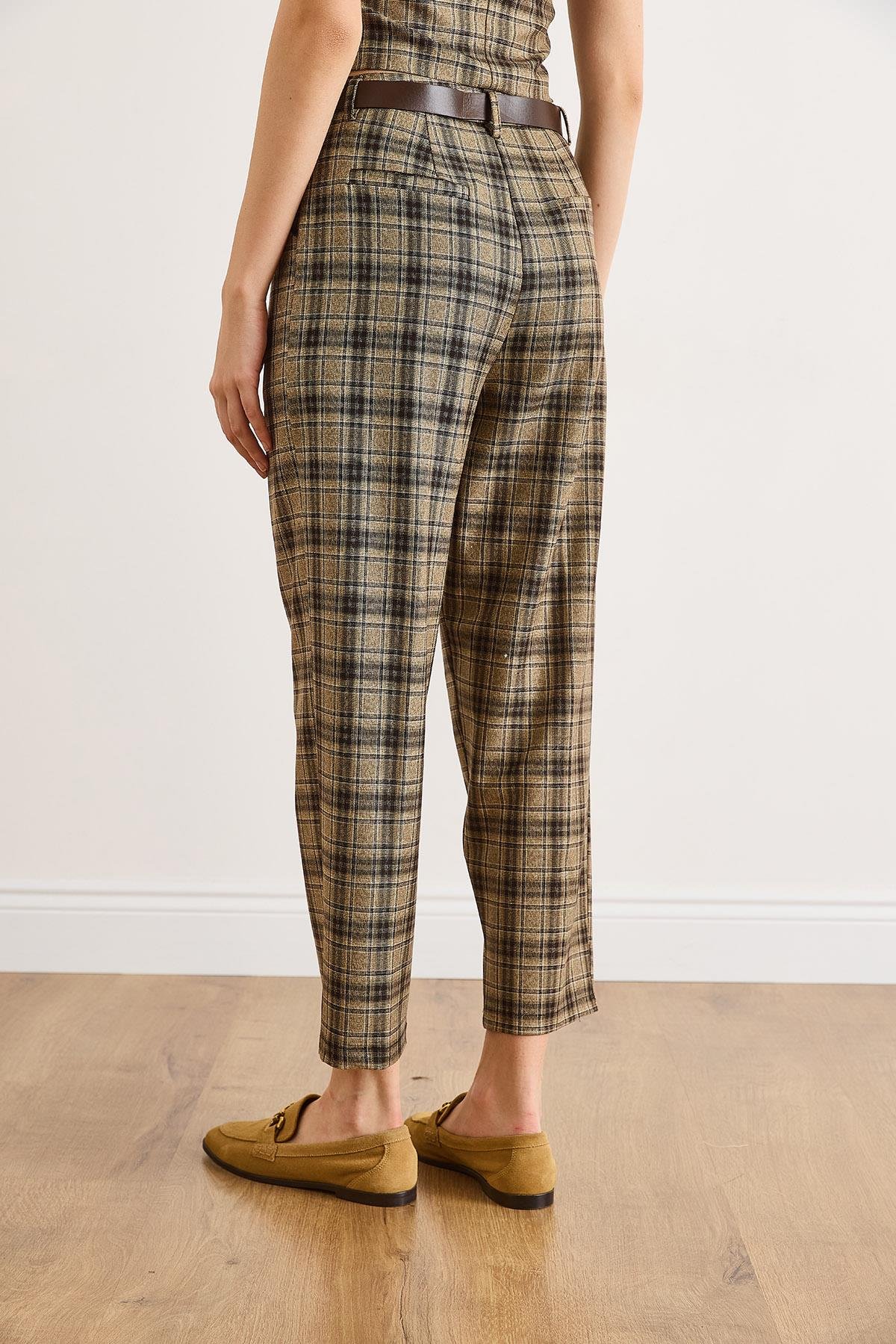 Cepli Kemerli Ekose Pantolon Camel