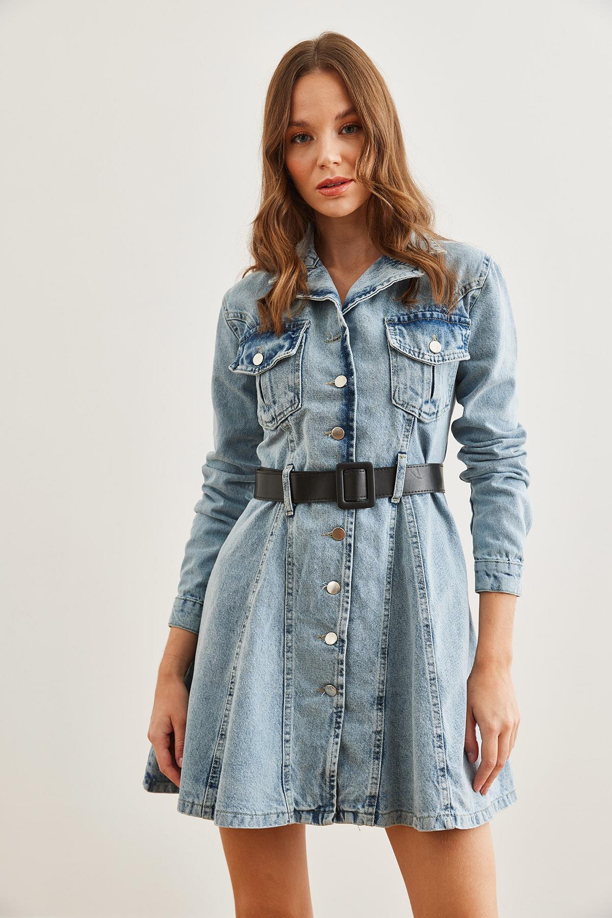 Cepli Kemerli  Kalın Denim Elbise Mavi