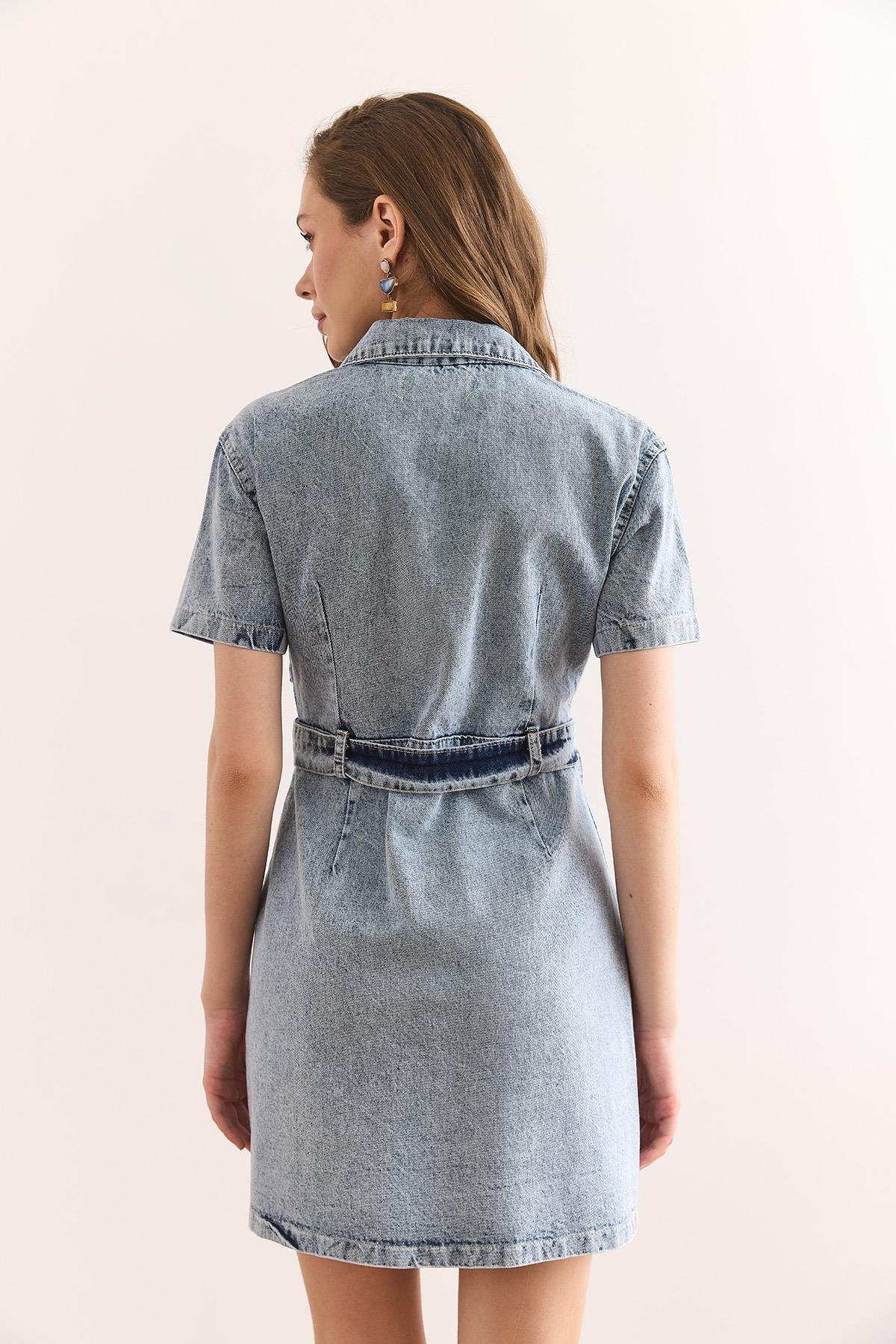 Cepli Kuşaklı Mini Denim Elbise Açık Mavi