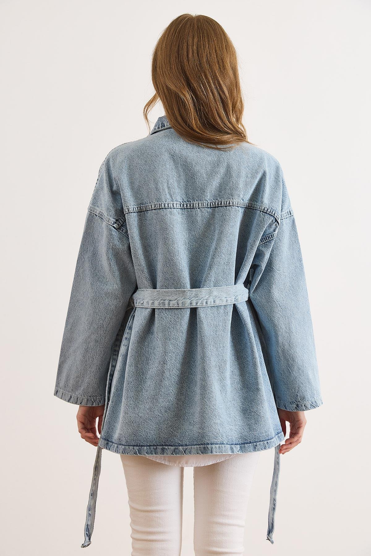 Cepli Kuşaklı Uzun Denim Ceket Açık Mavi