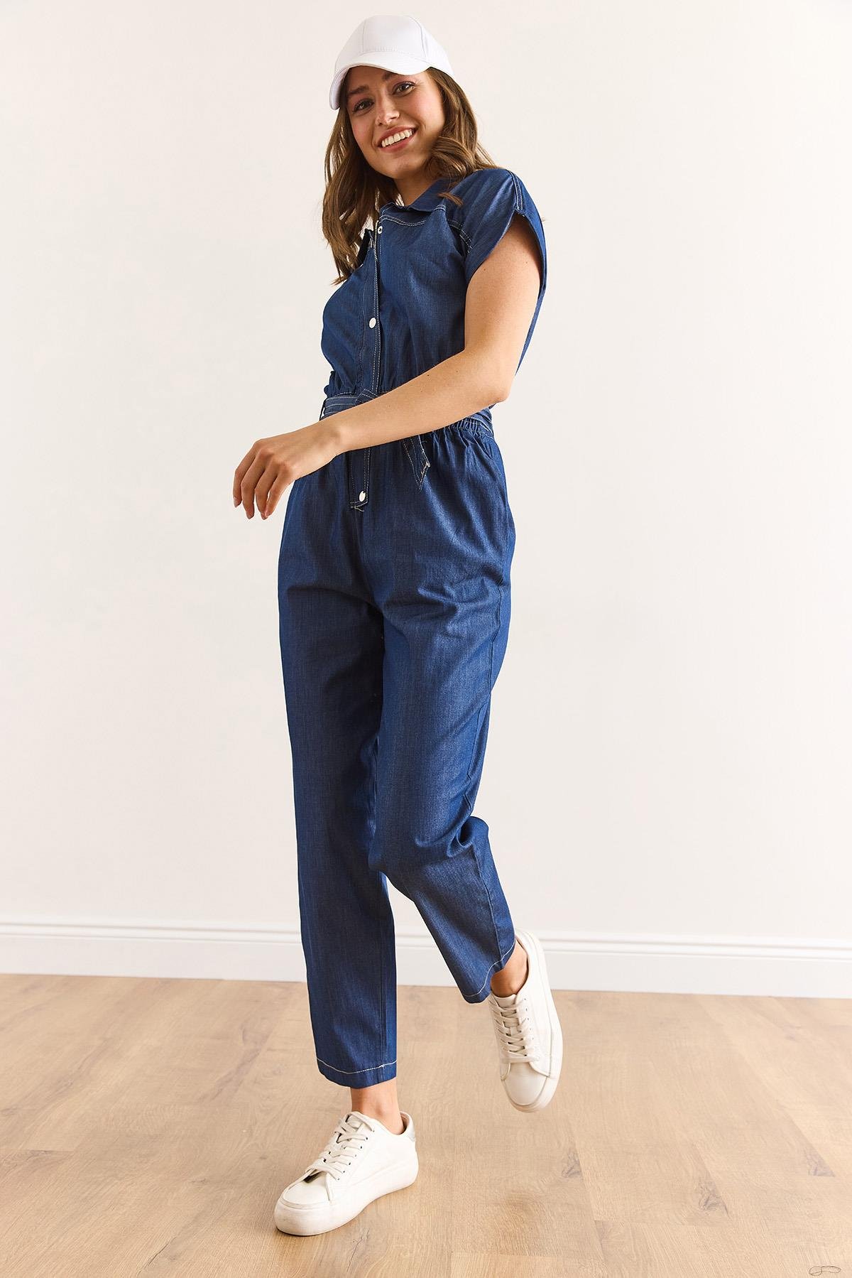 Cepli Kuşaklı Yarasa Model Denim Tulum Mavi
