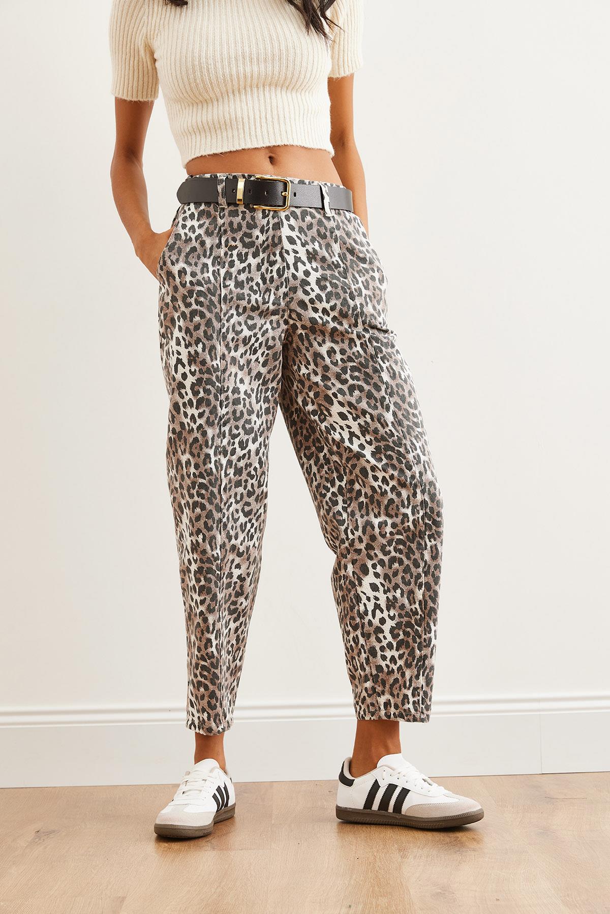 Cepli Leopar Balon Gabardin Pantolon Ekru Leopar
