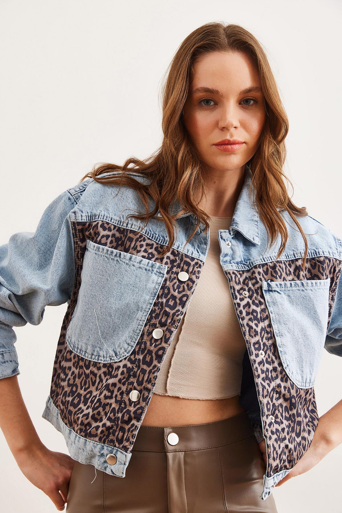 Cepli Leopar Detaylı Premium Denim Ceket Mavi