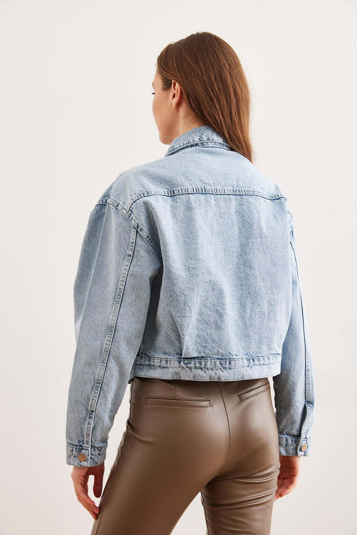Cepli Leopar Detaylı Premium Denim Ceket Mavi