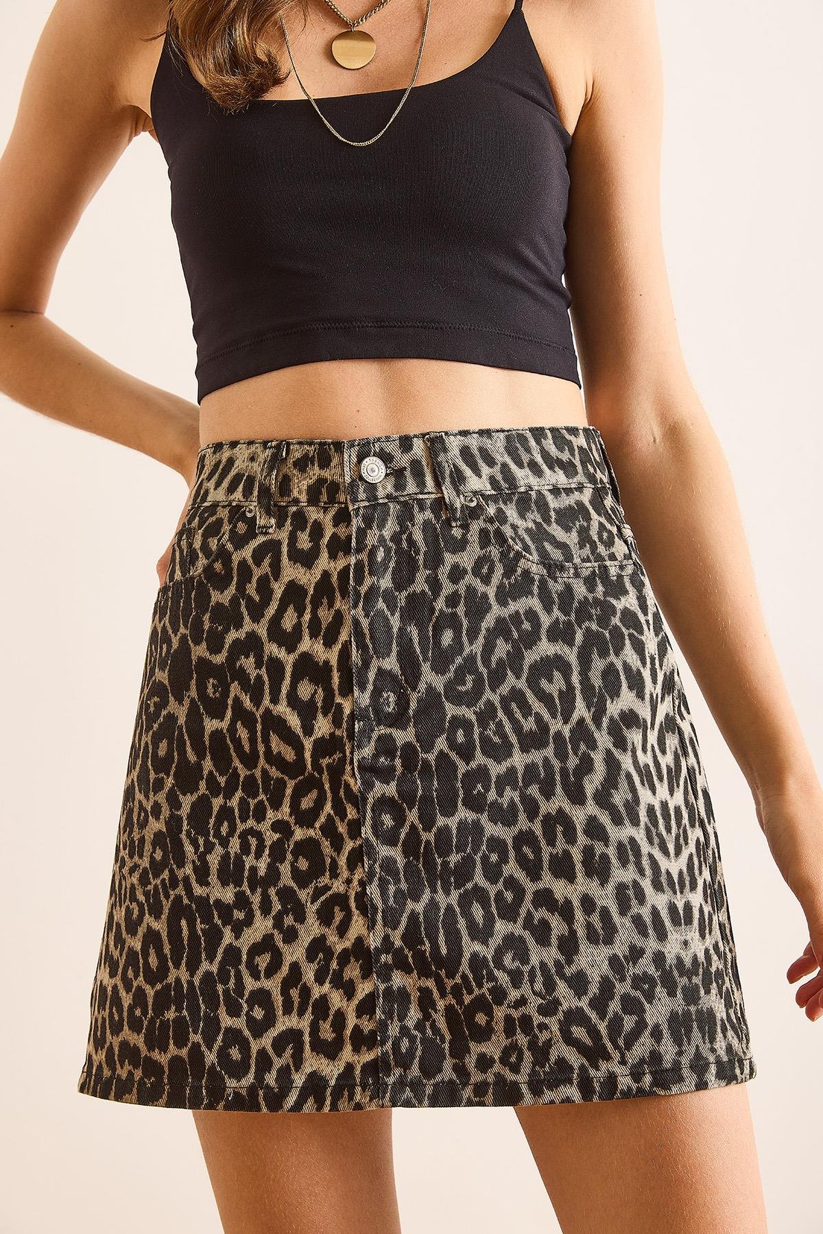 Cepli Leopar Mini Denim Etek Kahve Leopar