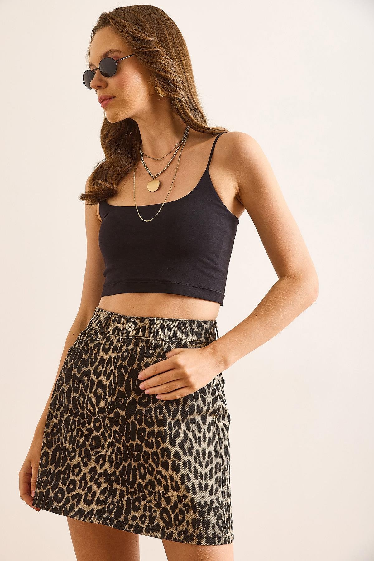 Cepli Leopar Mini Denim Etek Kahve Leopar