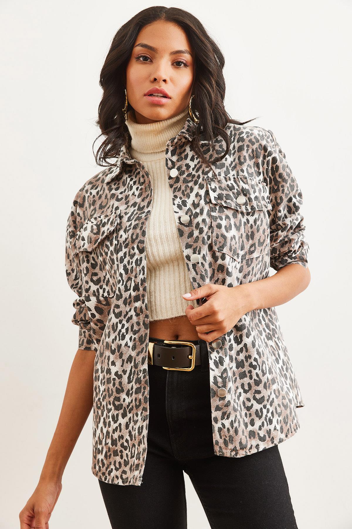 Cepli Leopar Oversize Gabardin Gömlek Ekru Leopar