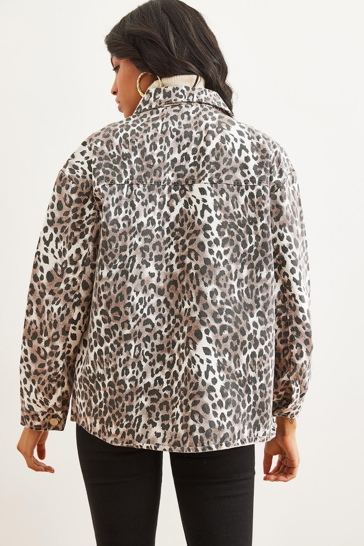 Cepli Leopar Oversize Gabardin Gömlek Ekru Leopar