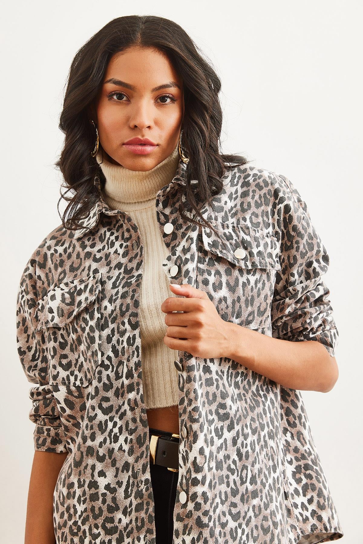Cepli Leopar Oversize Gabardin Gömlek Ekru Leopar