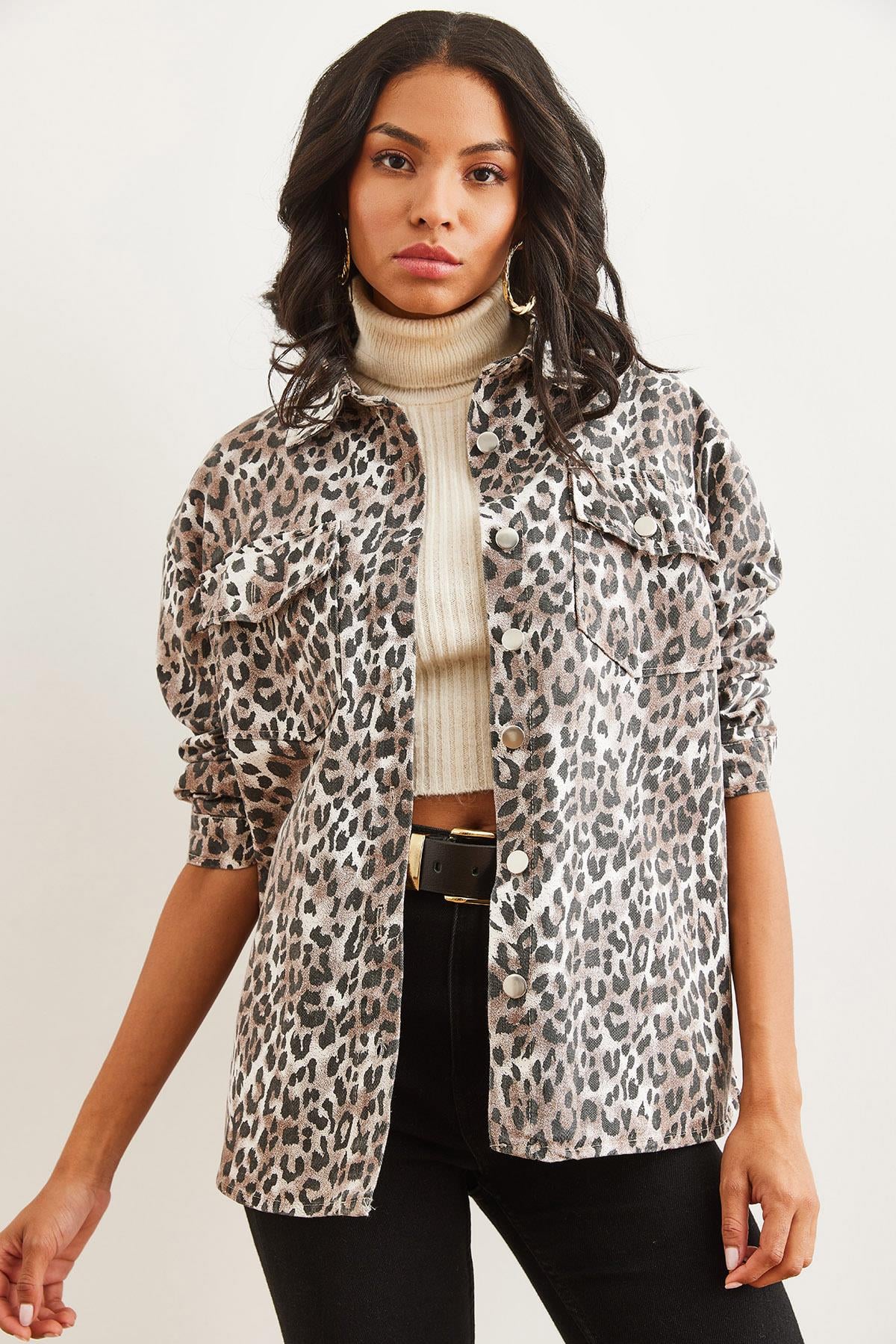 Cepli Leopar Oversize Gabardin Gömlek Ekru Leopar