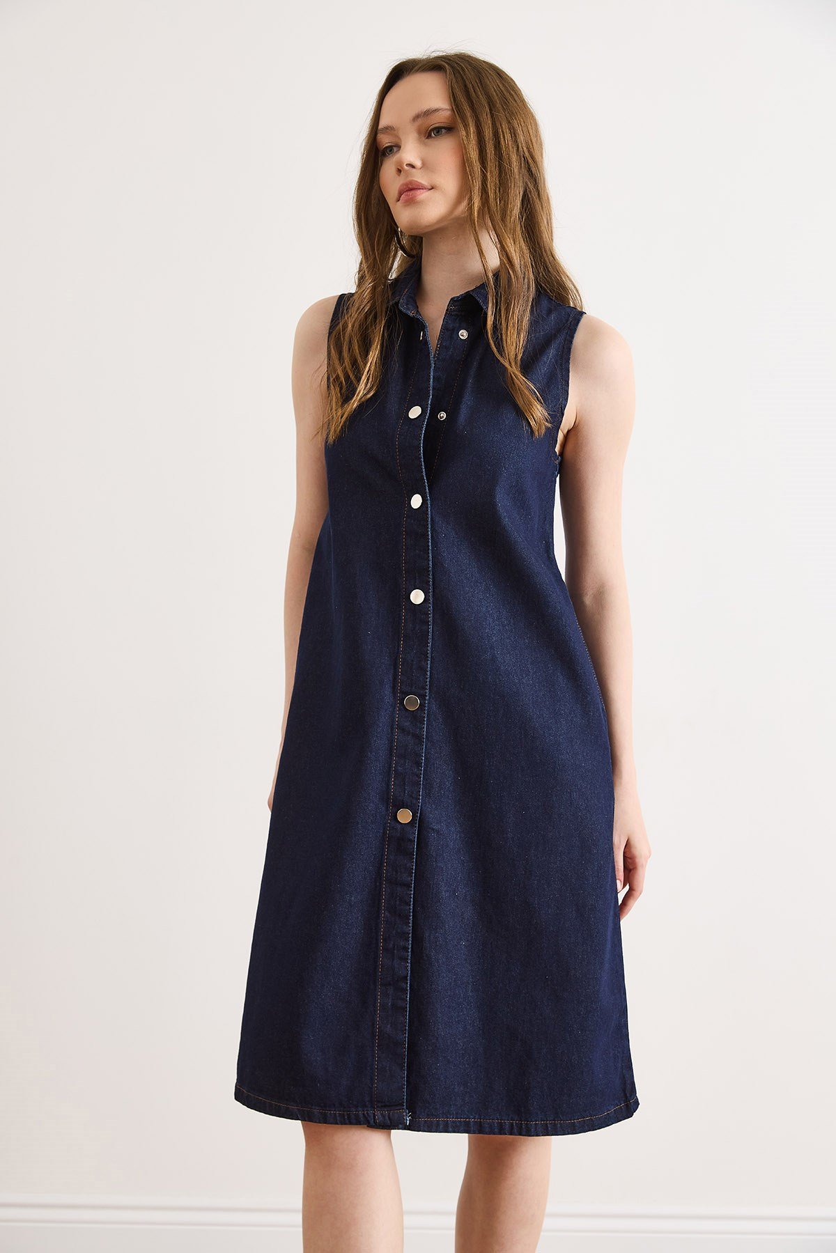 Cepli Mini Denim Gömlek Elbise Lacivert