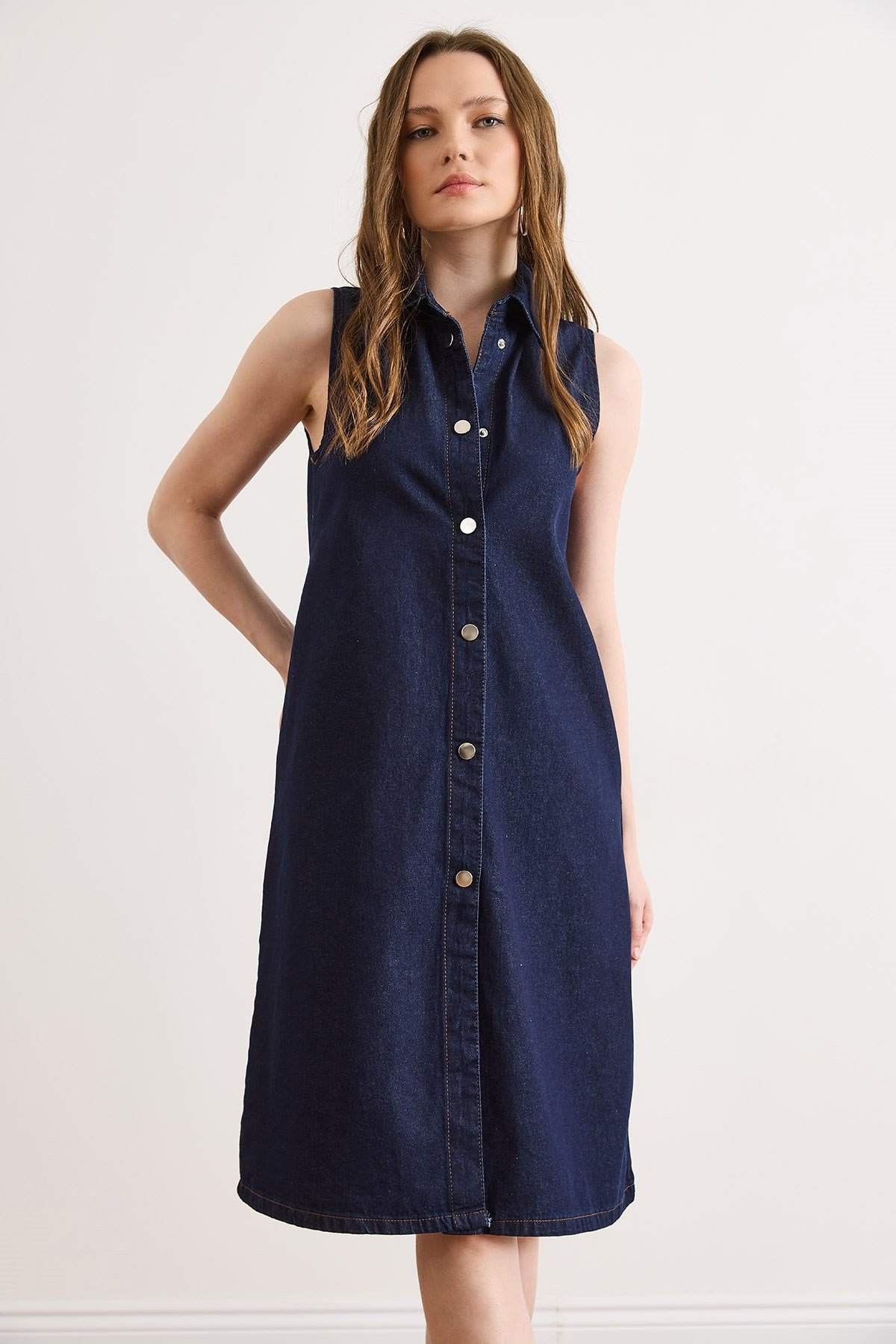 Cepli Mini Denim Gömlek Elbise Lacivert