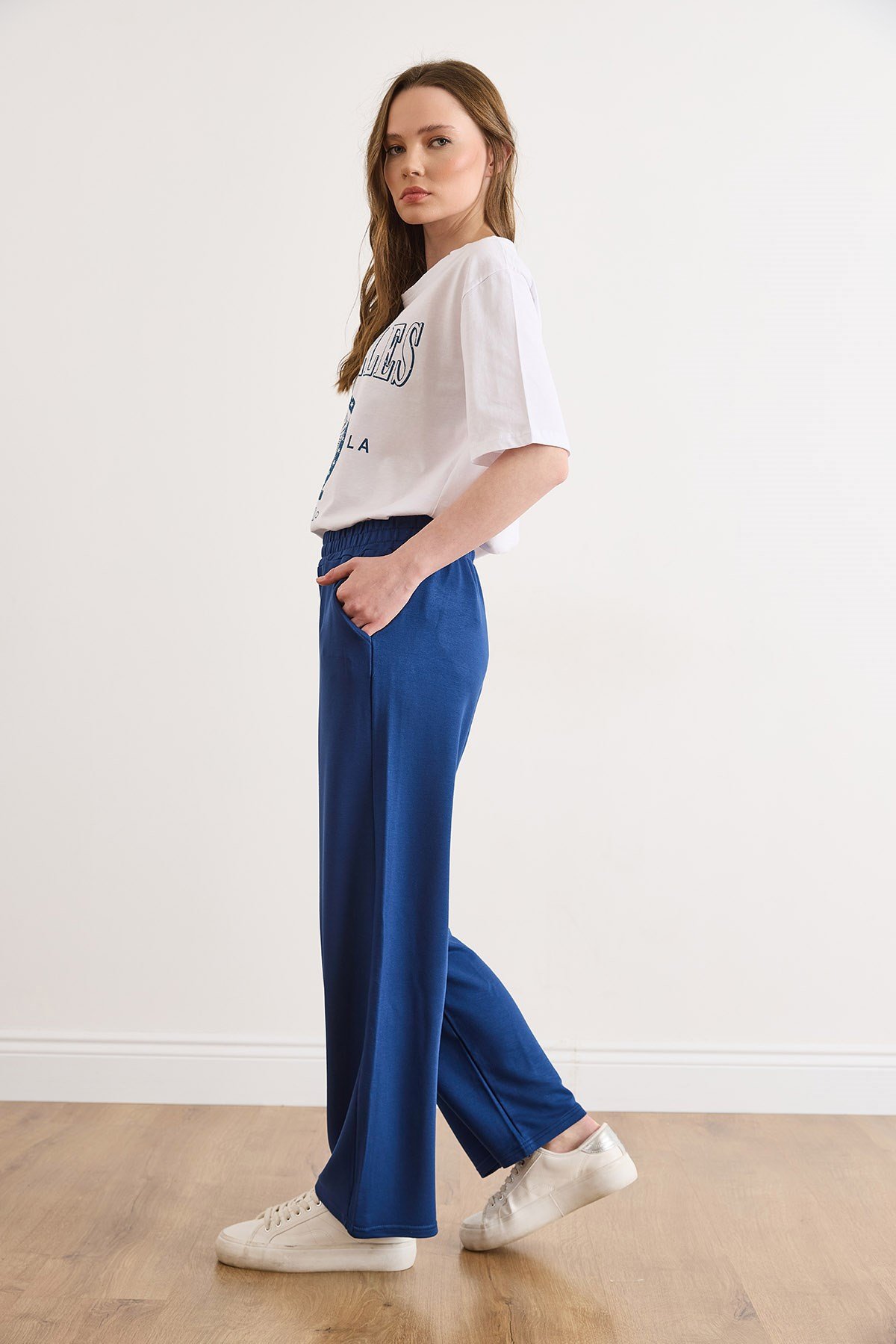 Cepli Modal Tuşeli Wide Leg Eşofman Altı Lacivert