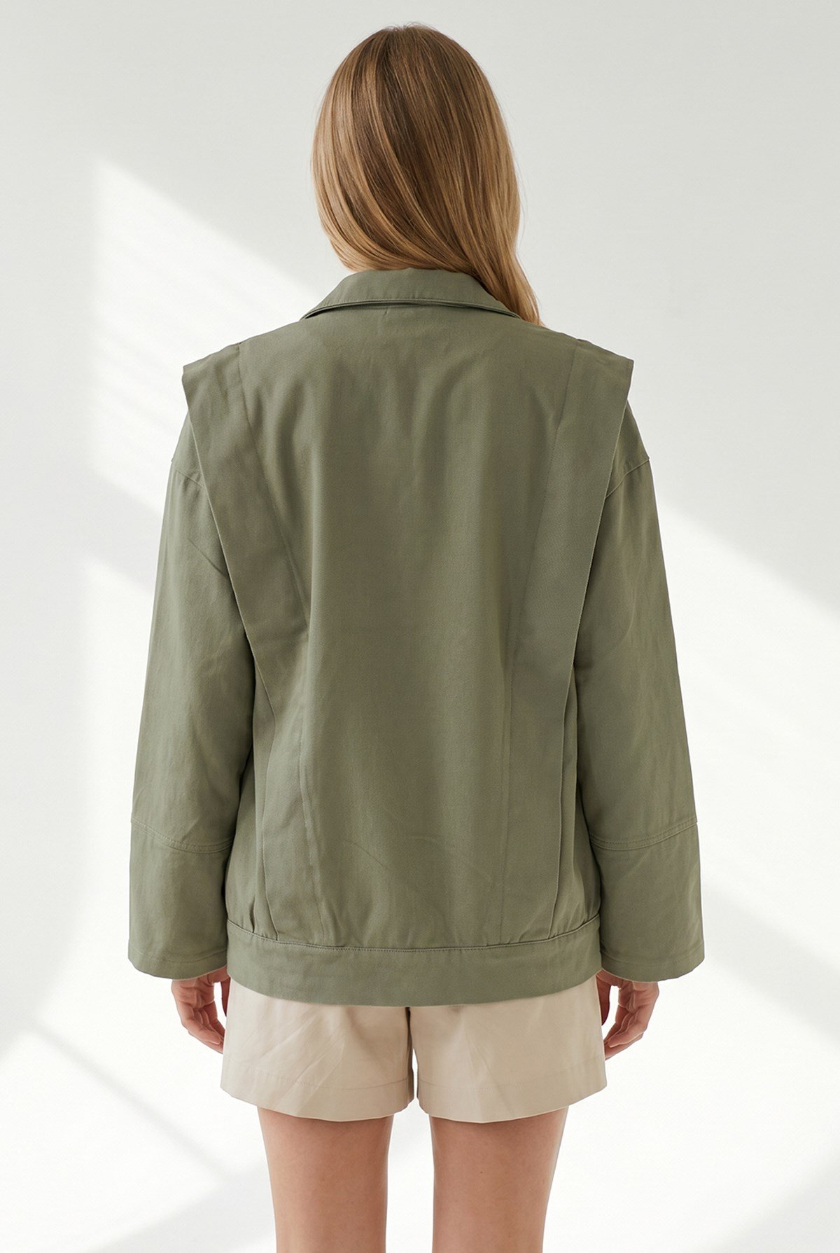 Cepli Omuz Detaylı Oversize Fermuarlı Gabardin Ceket Haki