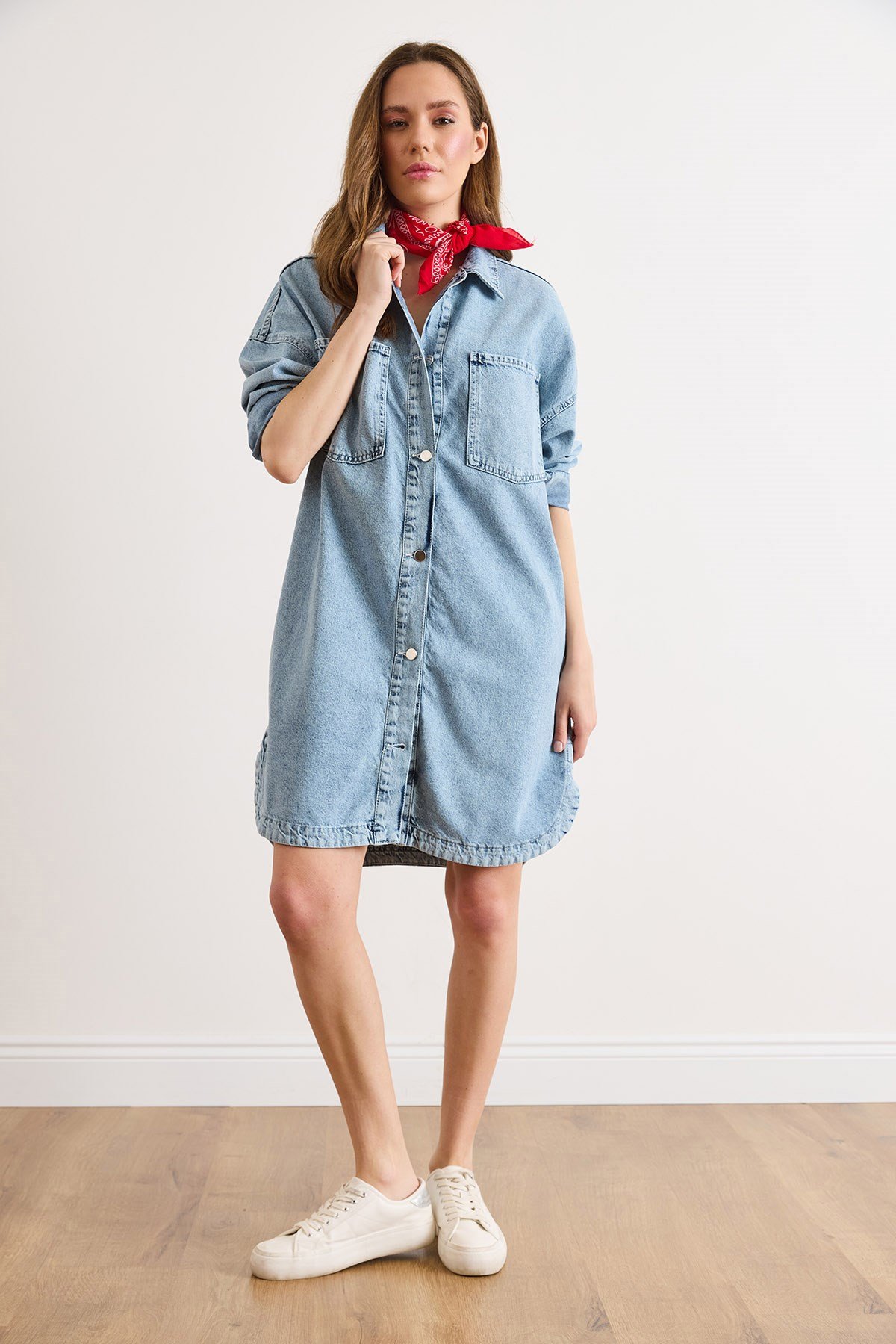 Cepli Oversize Yıkanmış Denim Tunik Elbise Açık Mavi