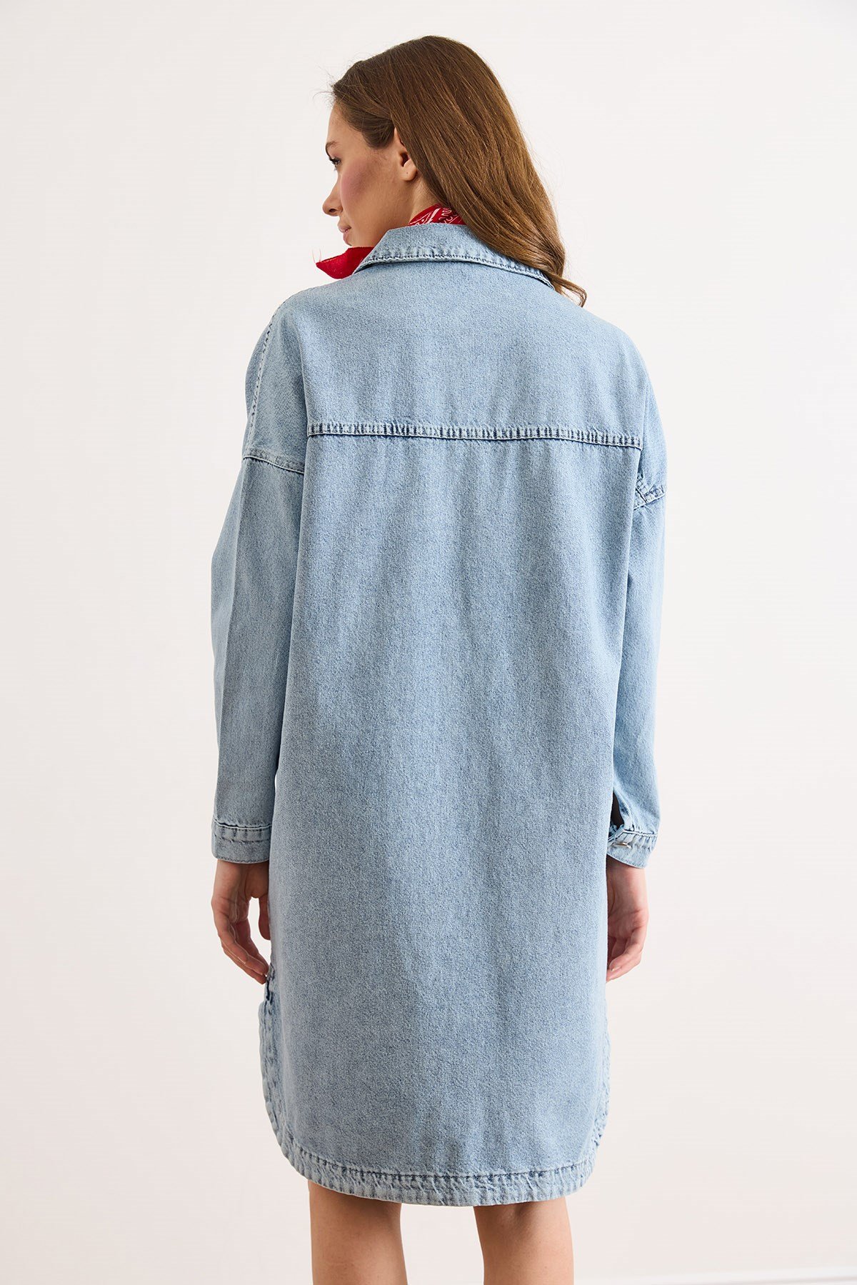 Cepli Oversize Yıkanmış Denim Tunik Elbise Açık Mavi