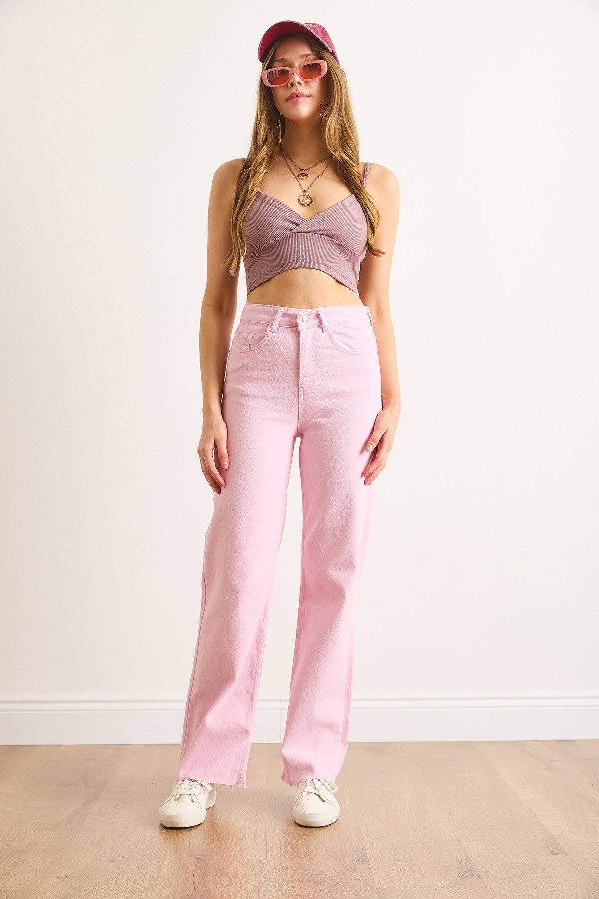 Cepli Paçası Püsküllü Comfort Likra Palazzo Jean Pembe