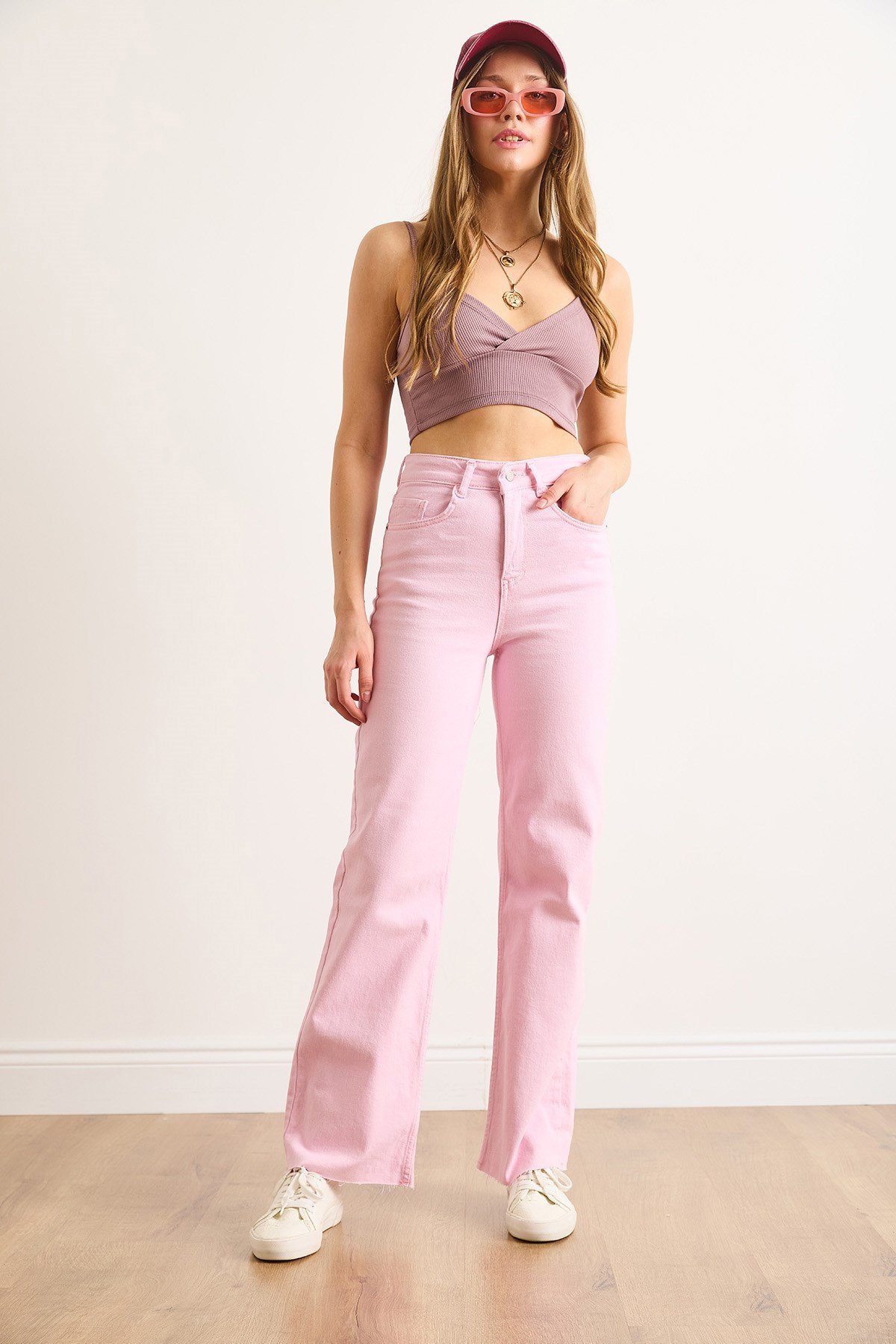 Cepli Paçası Püsküllü Comfort Likra Palazzo Jean Pembe