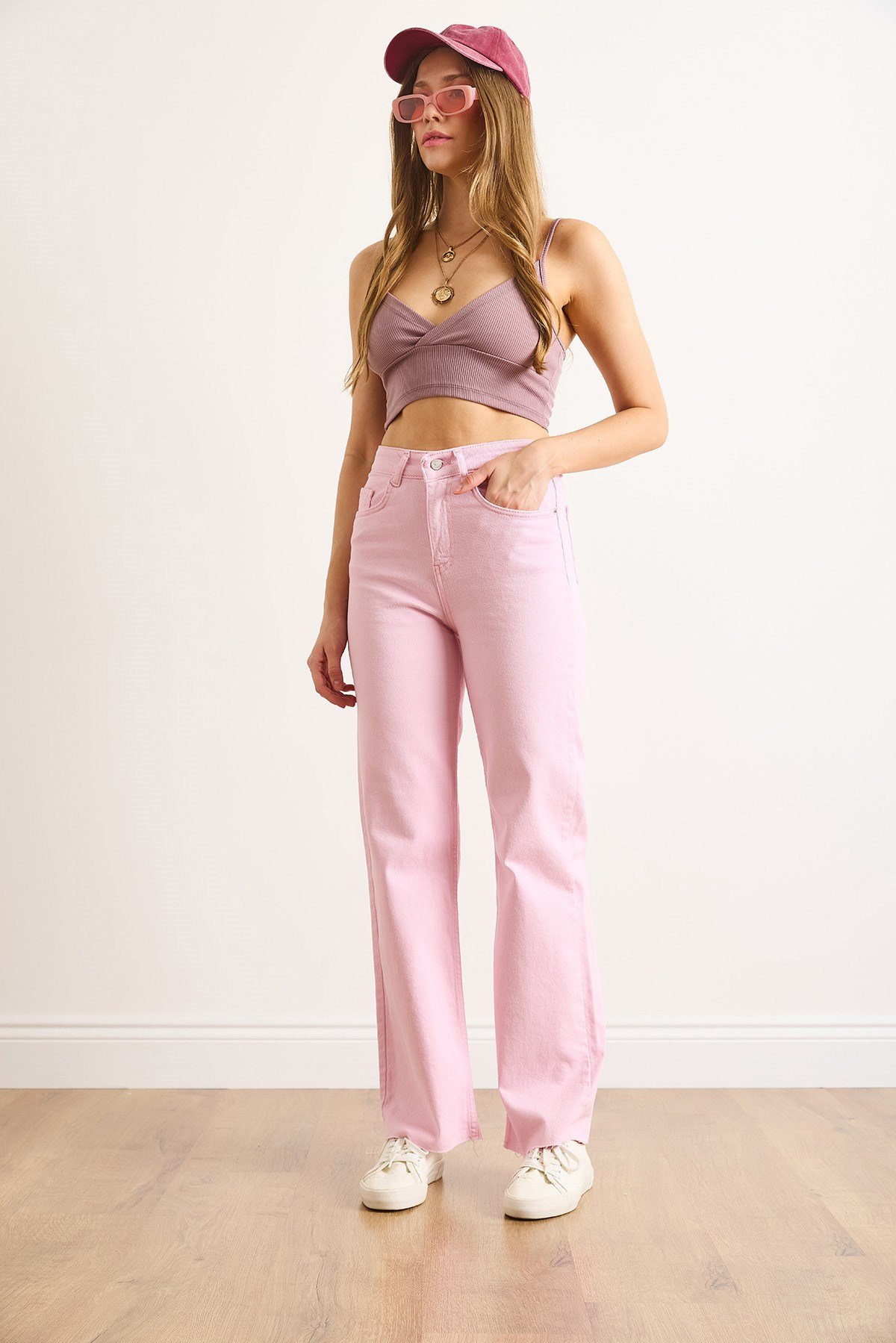Cepli Paçası Püsküllü Comfort Likra Palazzo Jean Pembe