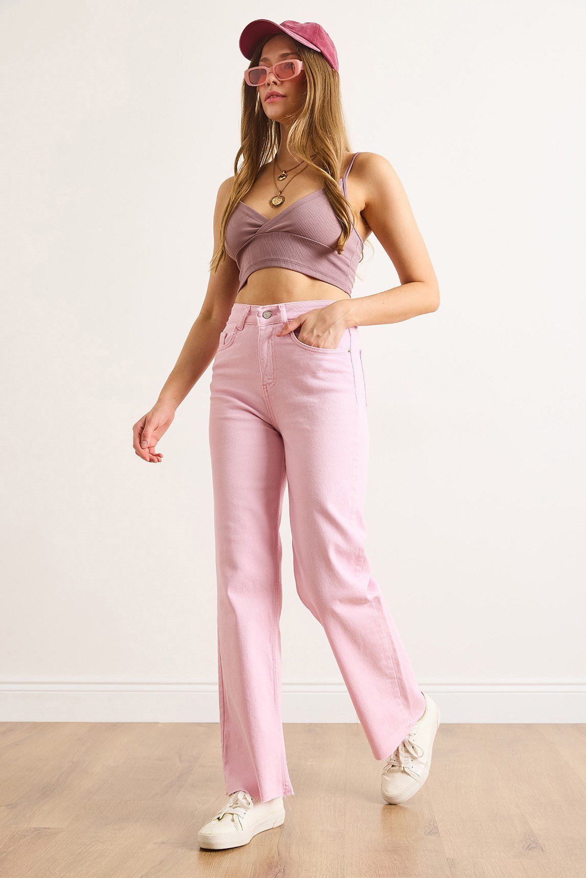 Cepli Paçası Püsküllü Comfort Likra Palazzo Jean Pembe