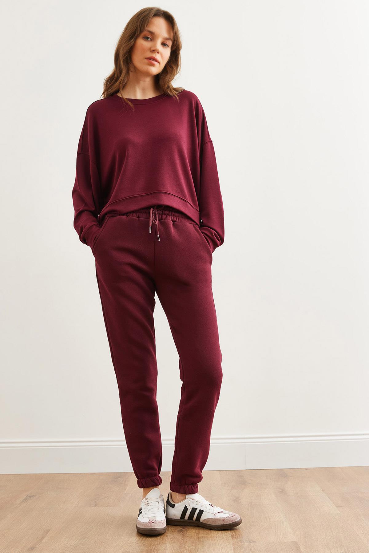Cepli Şardonlu Eşofman Altı Bordo