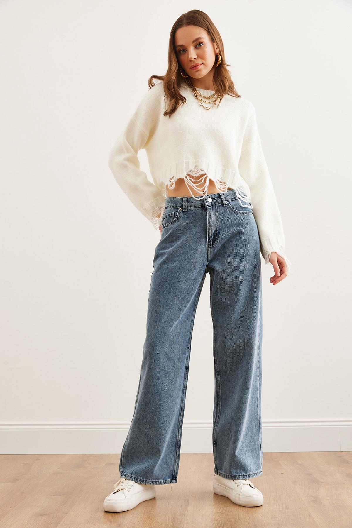 Cepli Wide Leg Denim Jean Mavi
