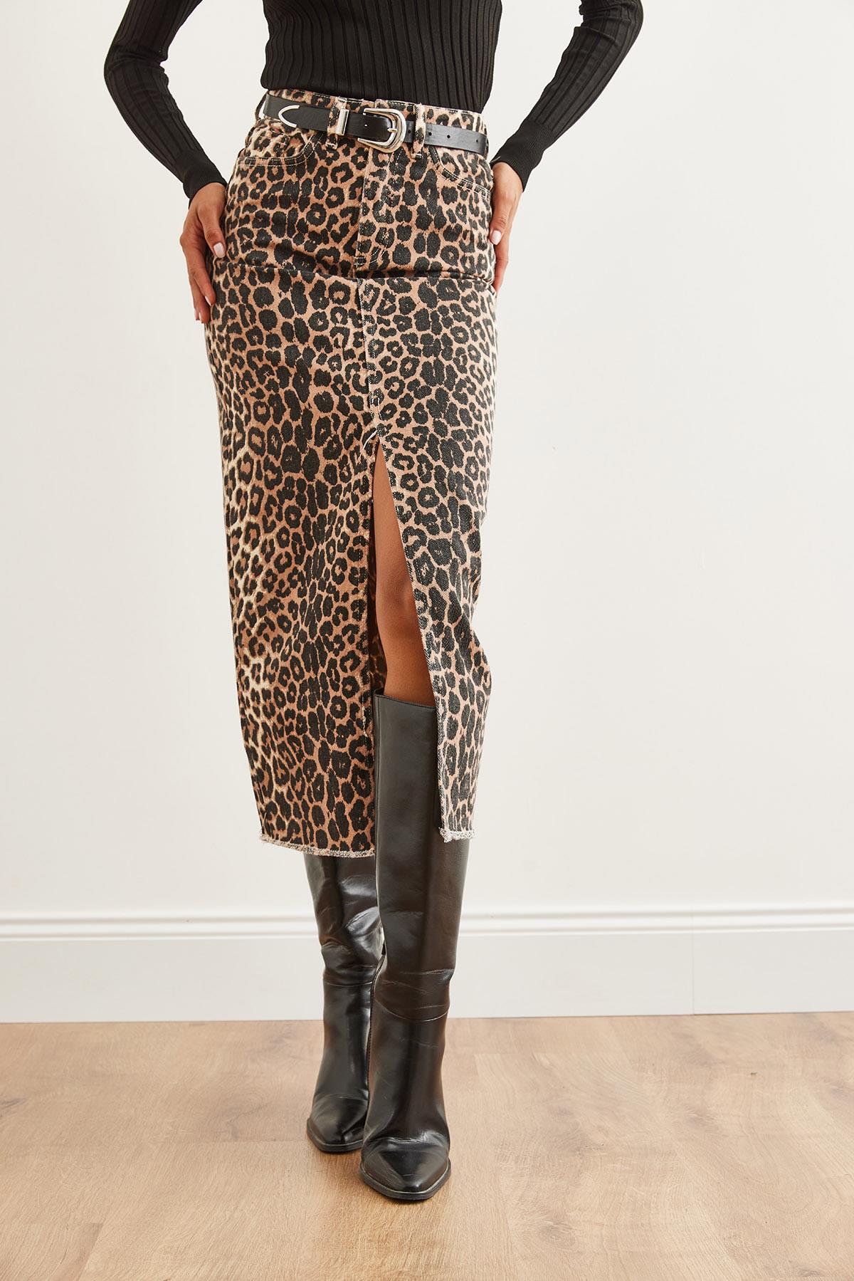 Cepli Yırtmaçlı Leopar Gabardin Etek Leopar Taş