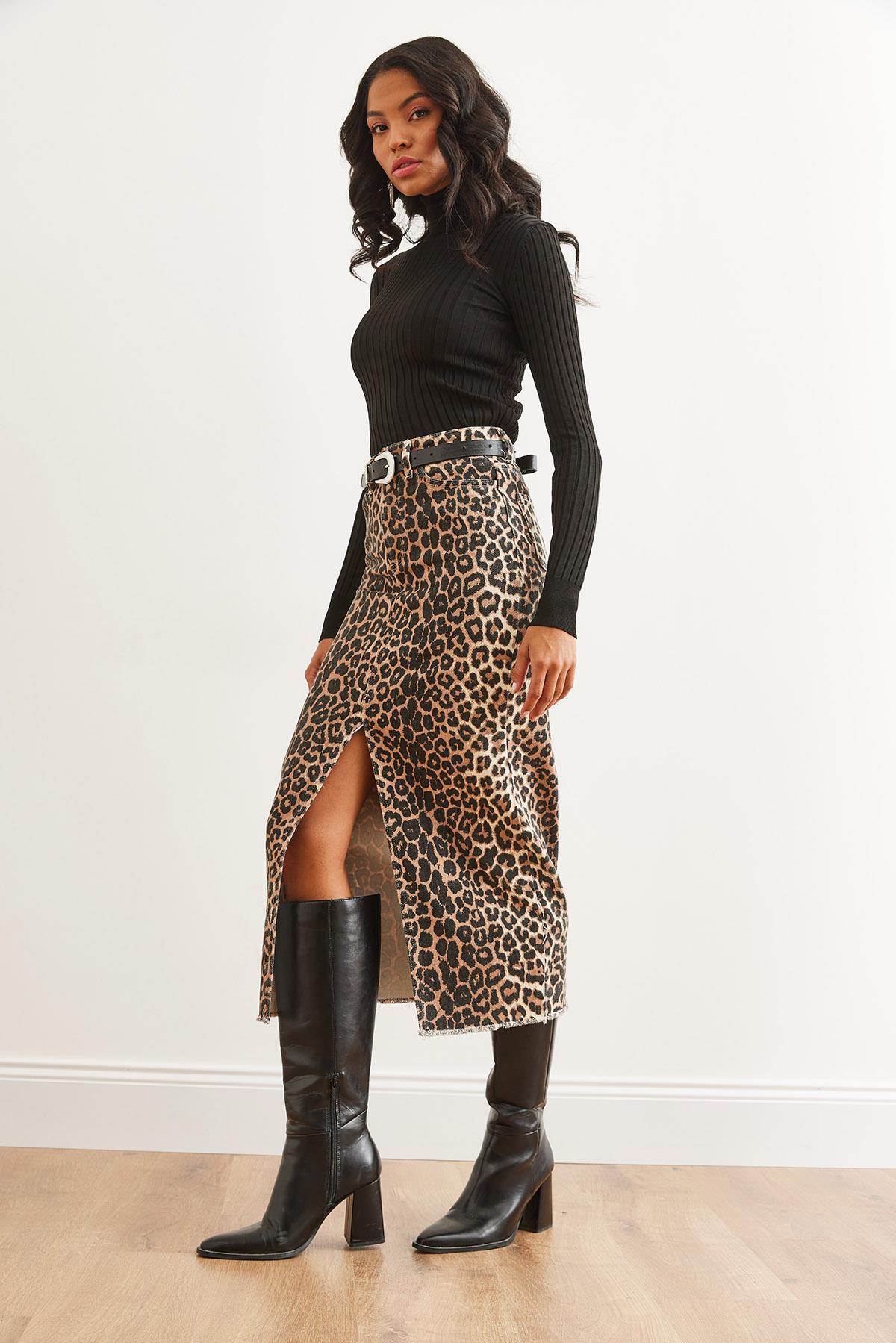 Cepli Yırtmaçlı Leopar Gabardin Etek Leopar Taş
