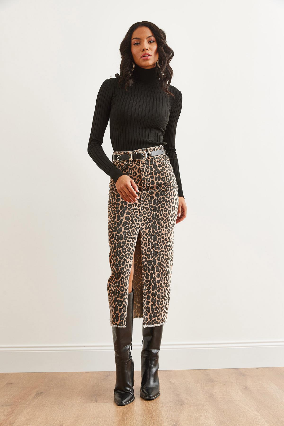 Cepli Yırtmaçlı Leopar Gabardin Etek Leopar Taş