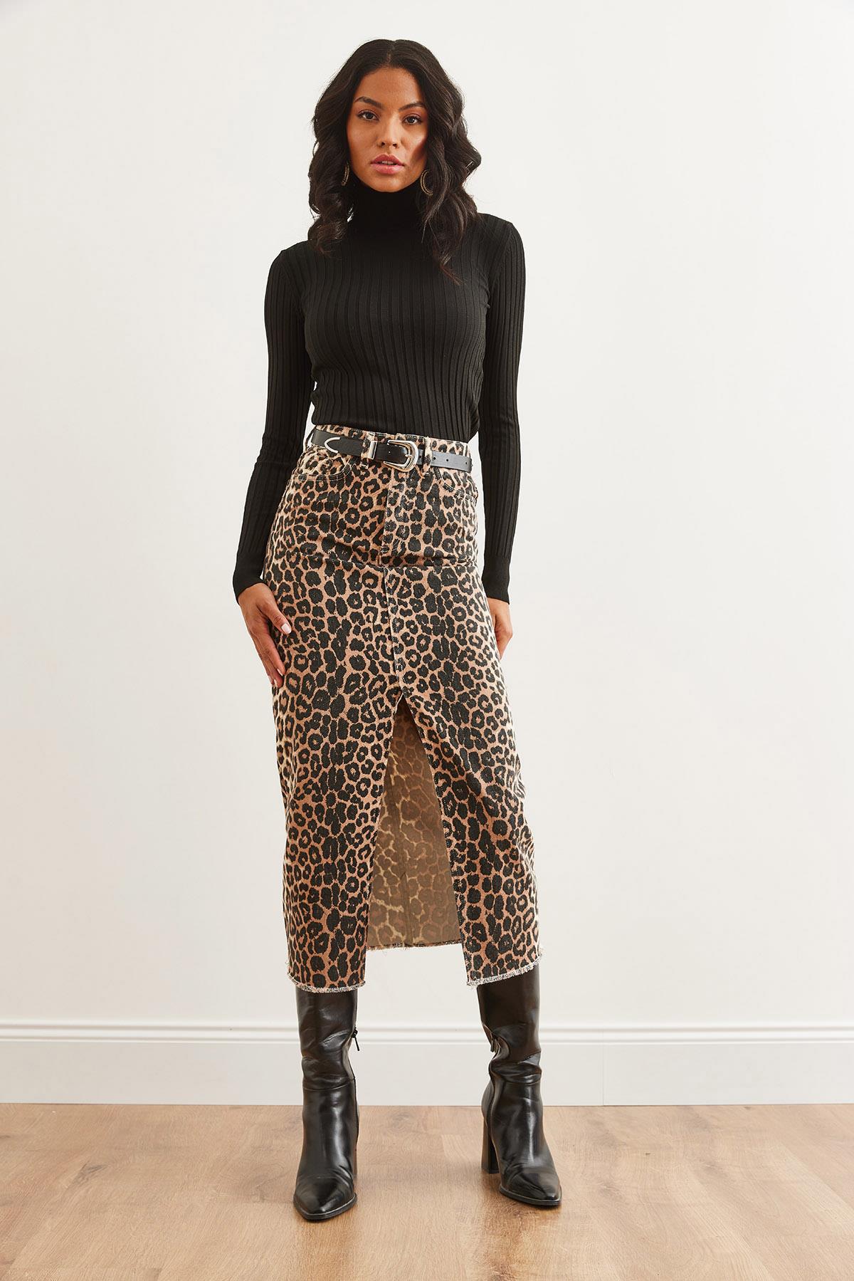 Cepli Yırtmaçlı Leopar Gabardin Etek Leopar Taş