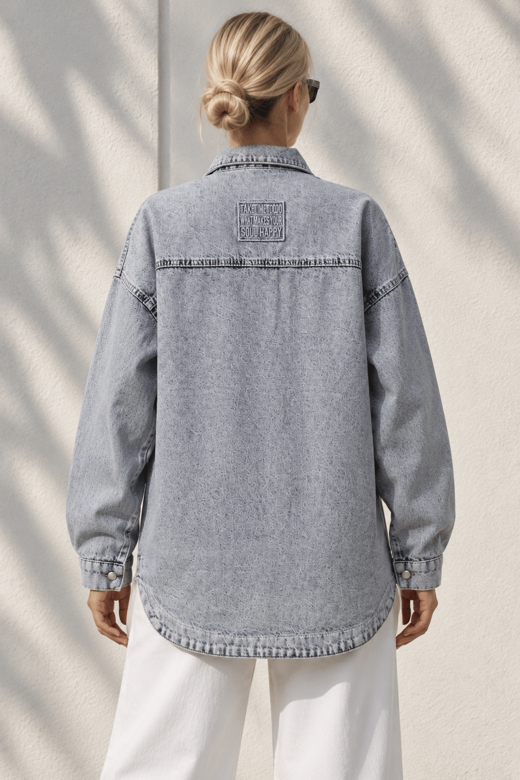 Chic Nakışlı Cepli Balıksırtı Gabardin Gömlek Ceket Mavi Denim