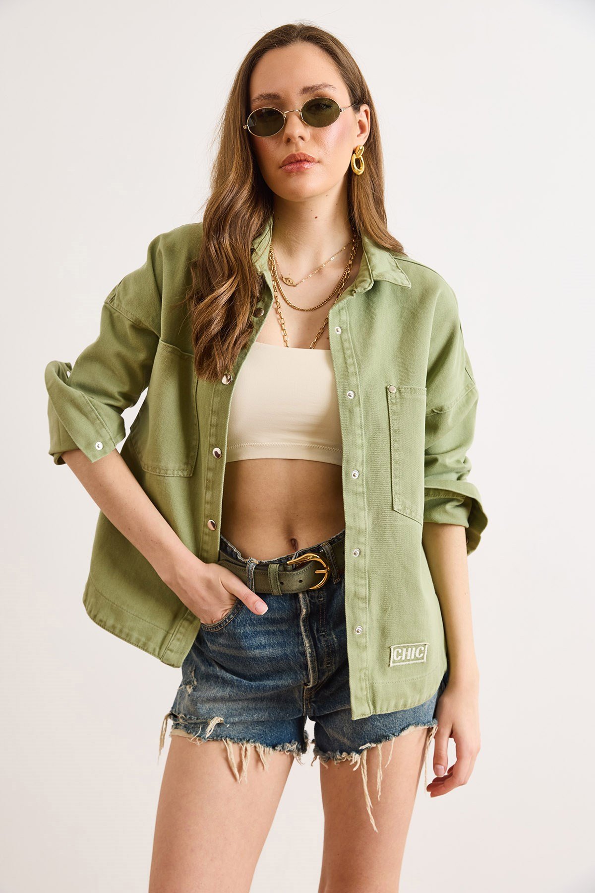 Chic Nakışlı Cepli Balıksırtı Gabardin Gömlek Ceket Haki