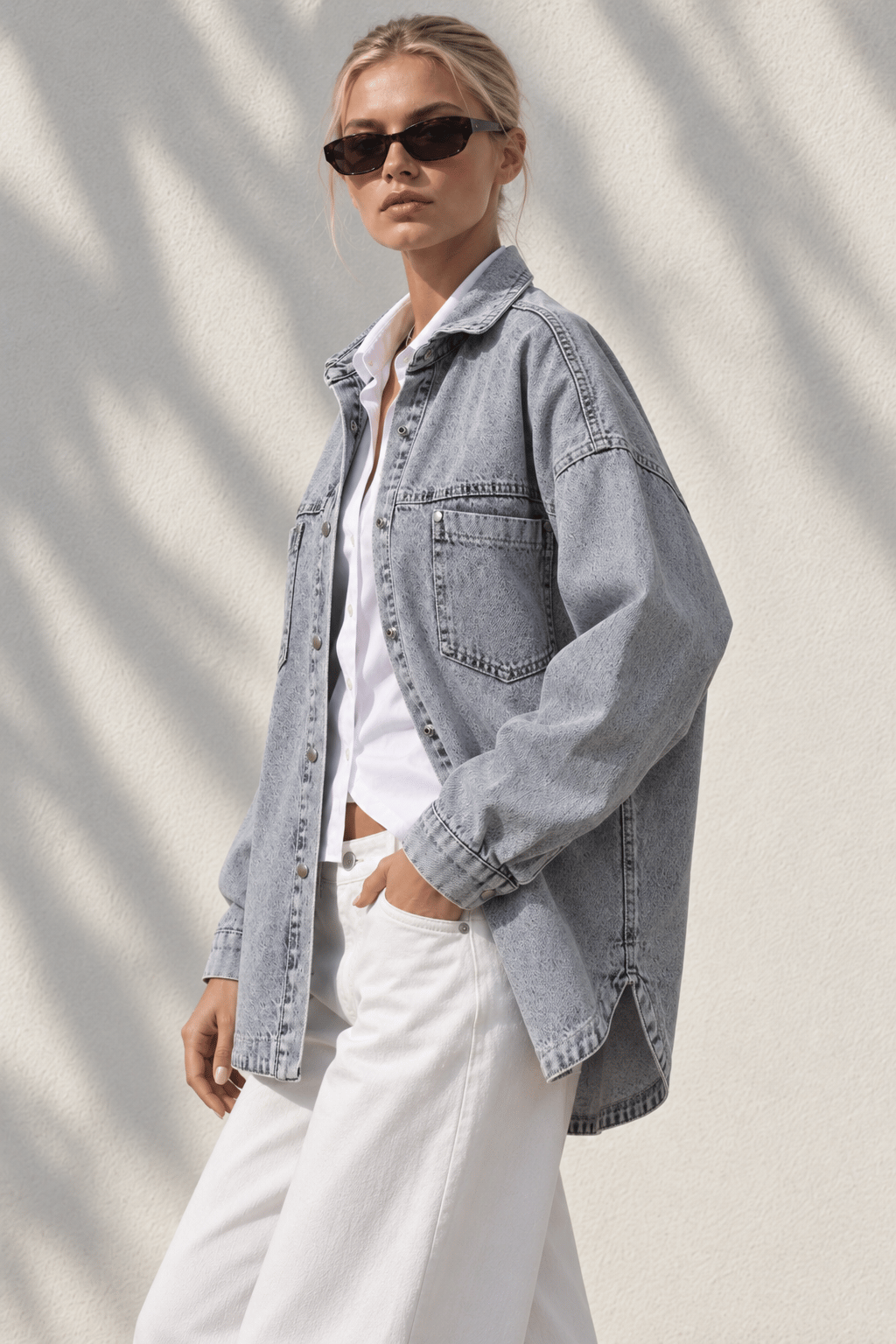 Chic Nakışlı Cepli Balıksırtı Gabardin Gömlek Ceket Mavi Denim