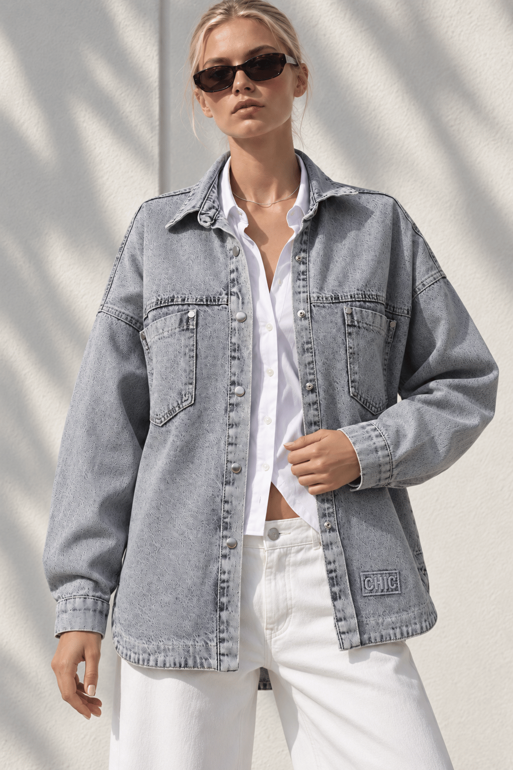 Chic Nakışlı Cepli Balıksırtı Gabardin Gömlek Ceket Mavi Denim