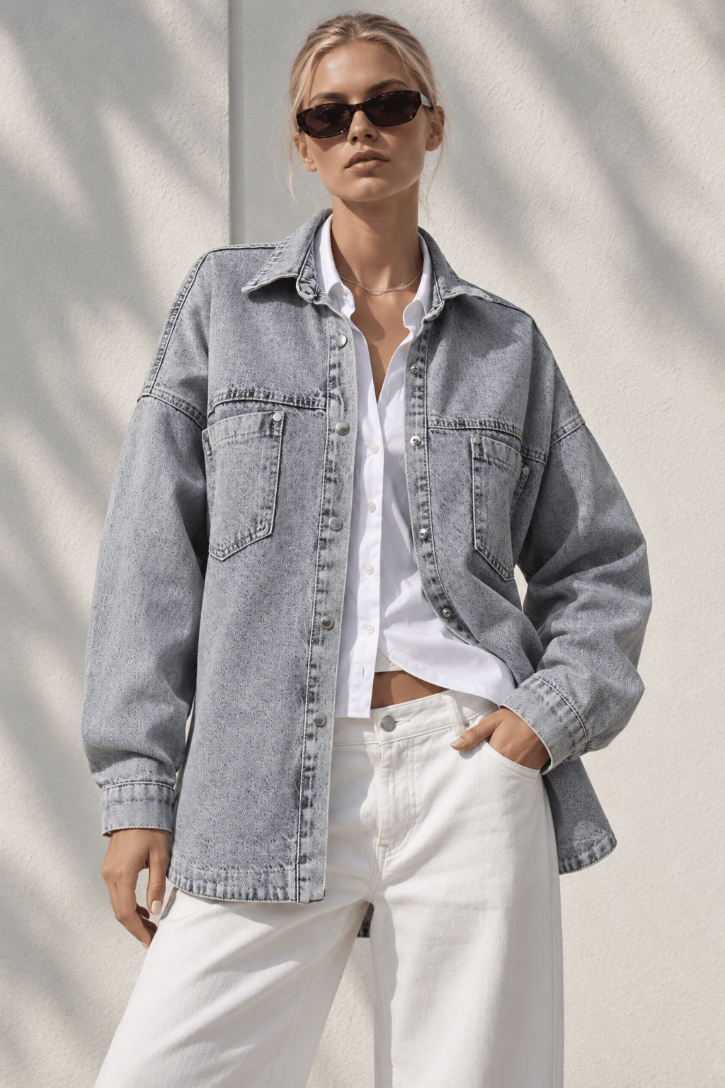 Chic Nakışlı Cepli Balıksırtı Gabardin Gömlek Ceket Mavi Denim
